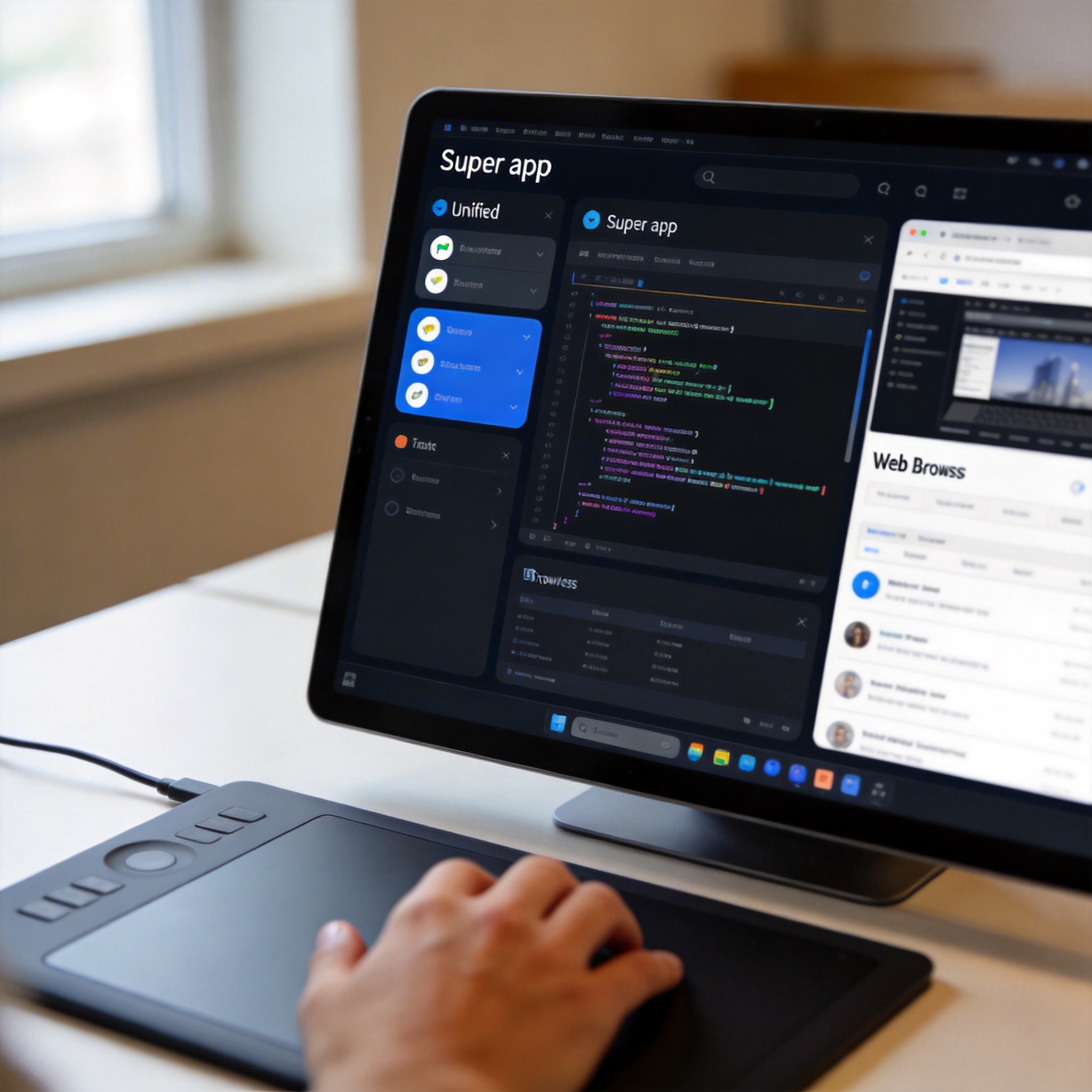 Unified 'super app' interface on a desktop screen, showing integrated chat, code, and browser sections.