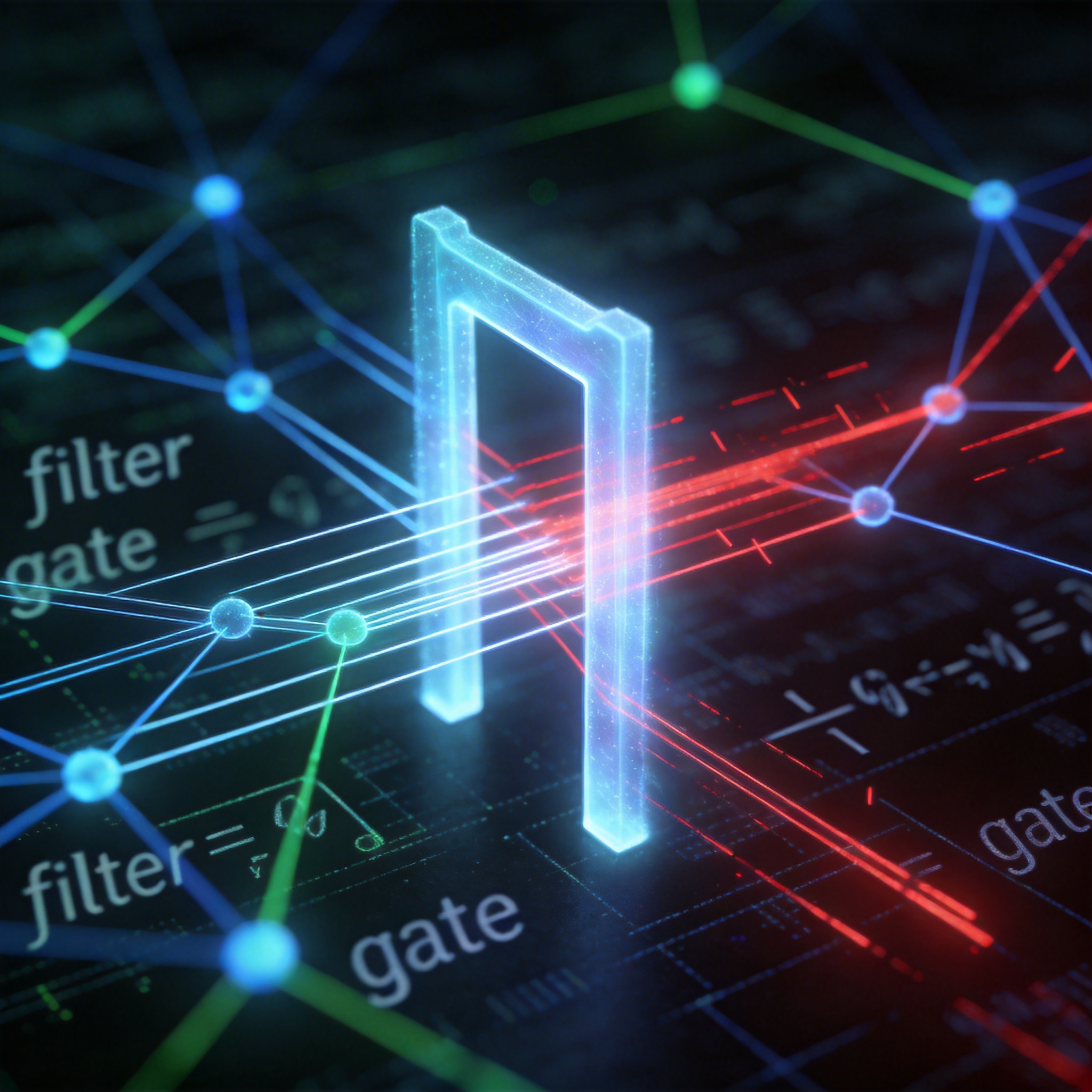 Abstract visualization of formal verification, showing data passing through a digital filter.