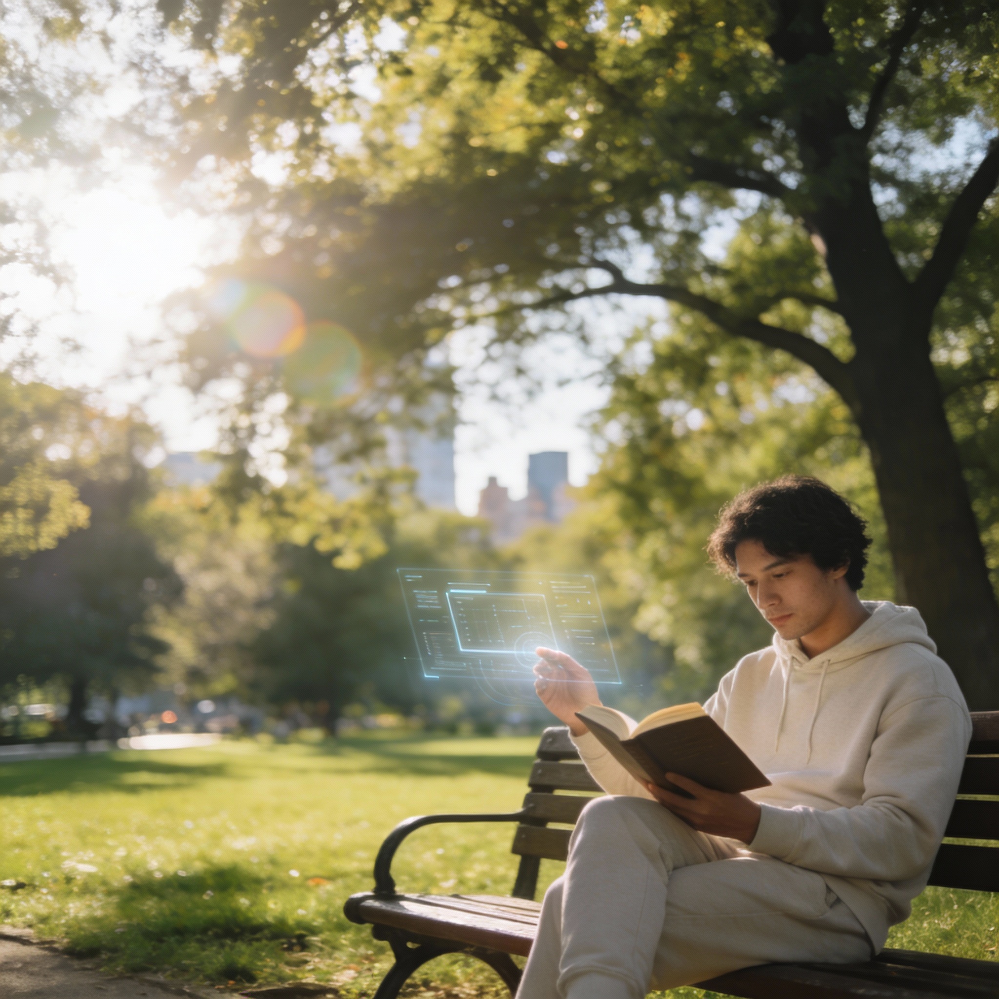 A person relaxing in a park with a subtle digital interface, representing the future of work-life balance.