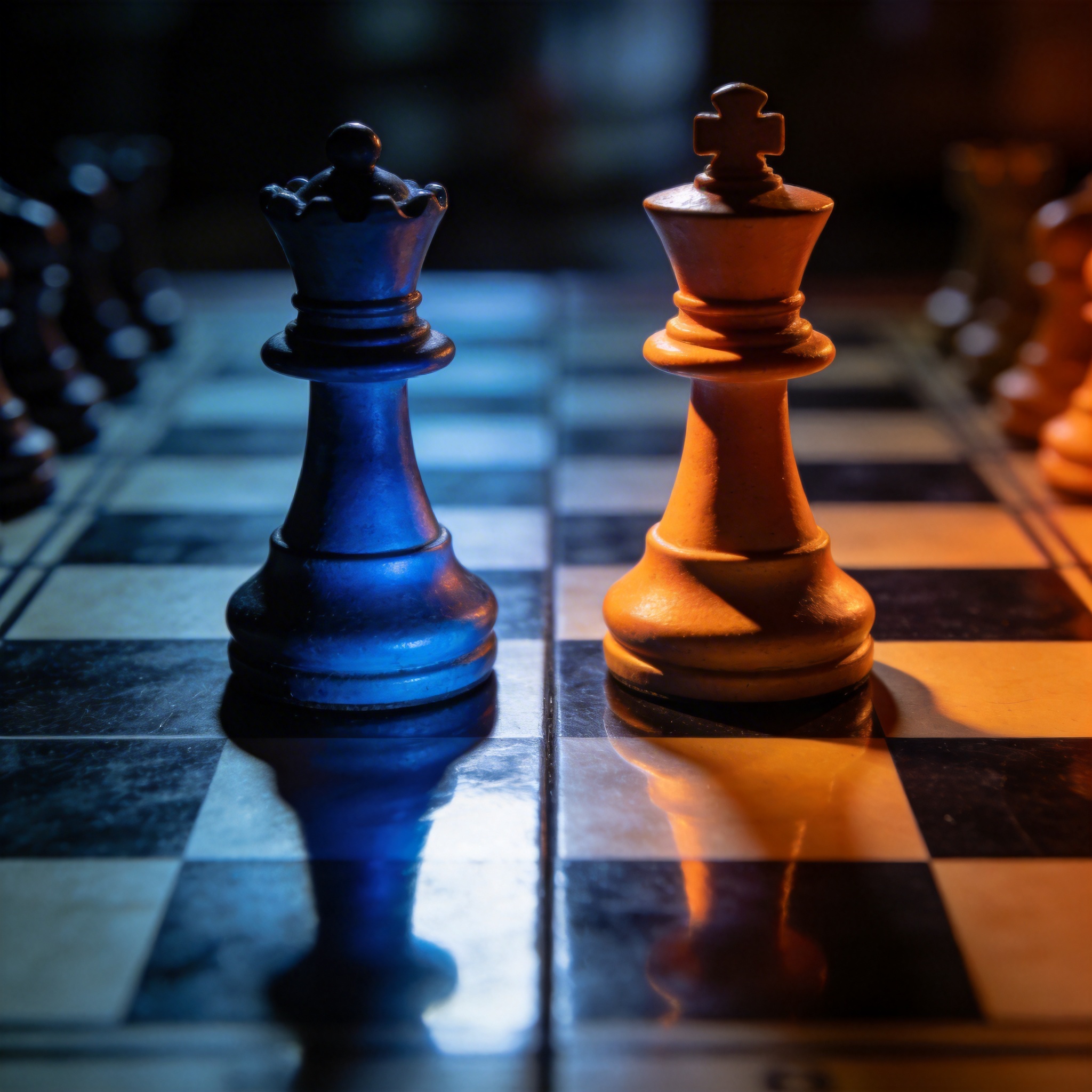 Two chess kings, one blue-lit, one orange-lit, on a chessboard, symbolizing rivalry.