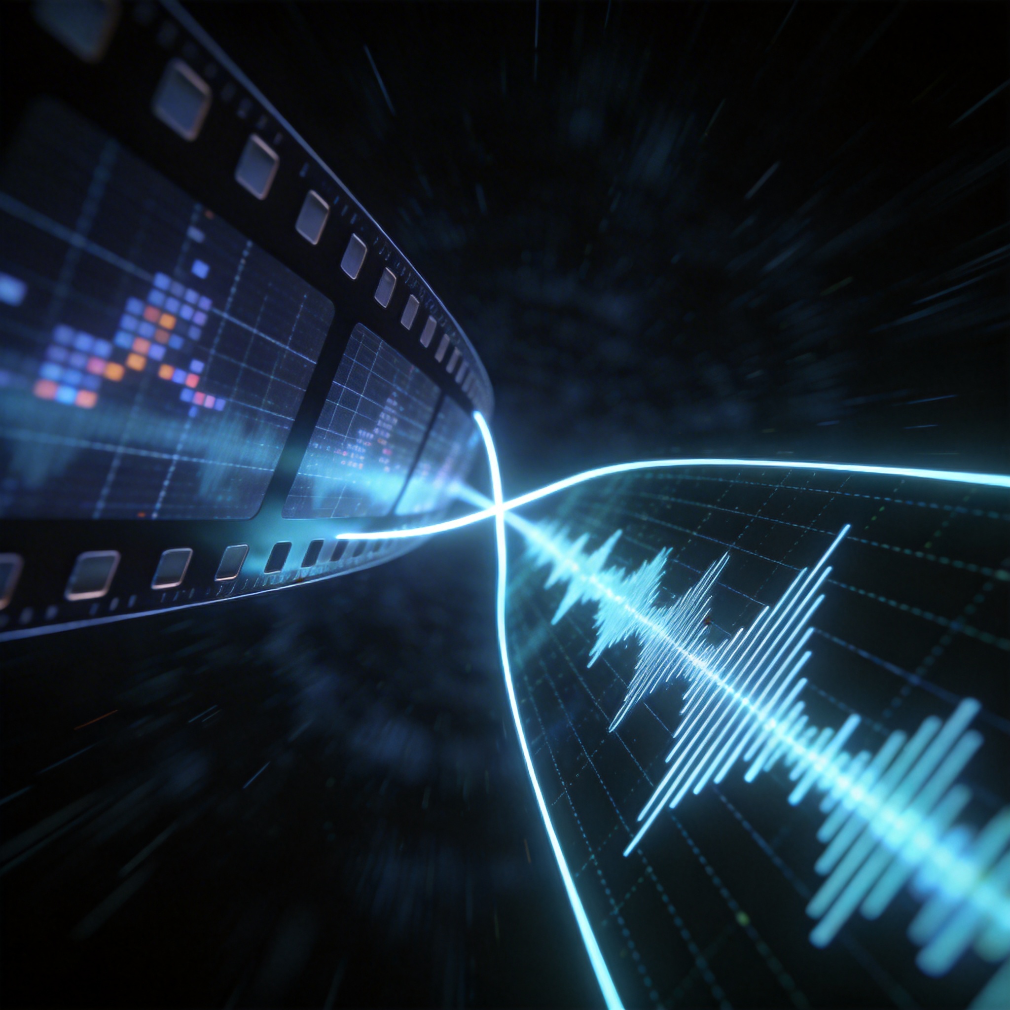 Abstract visualization of dual-stream data flow, representing integrated audio and video processing.
