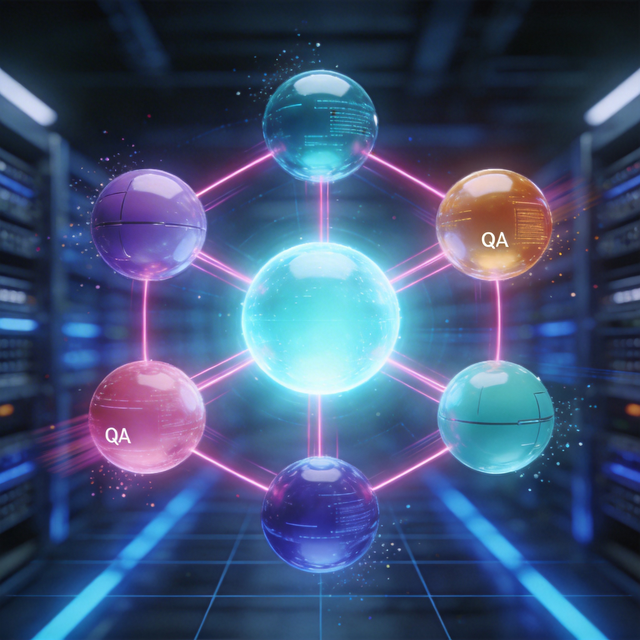 Conceptual image of a central AI agent delegating tasks to multiple sub-agents, connected by glowing lines.