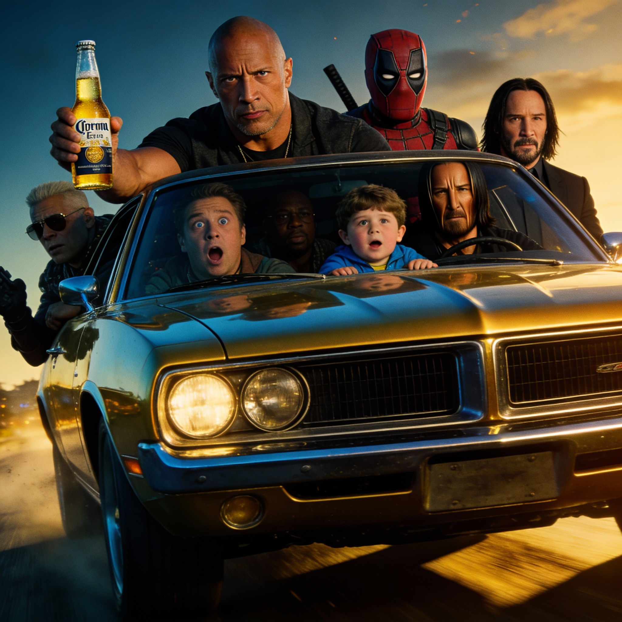 Dom Toretto holding a Corona beer, surrounded by Deadpool, John Wick, and Kevin McCallister in a Dodge Charger.
