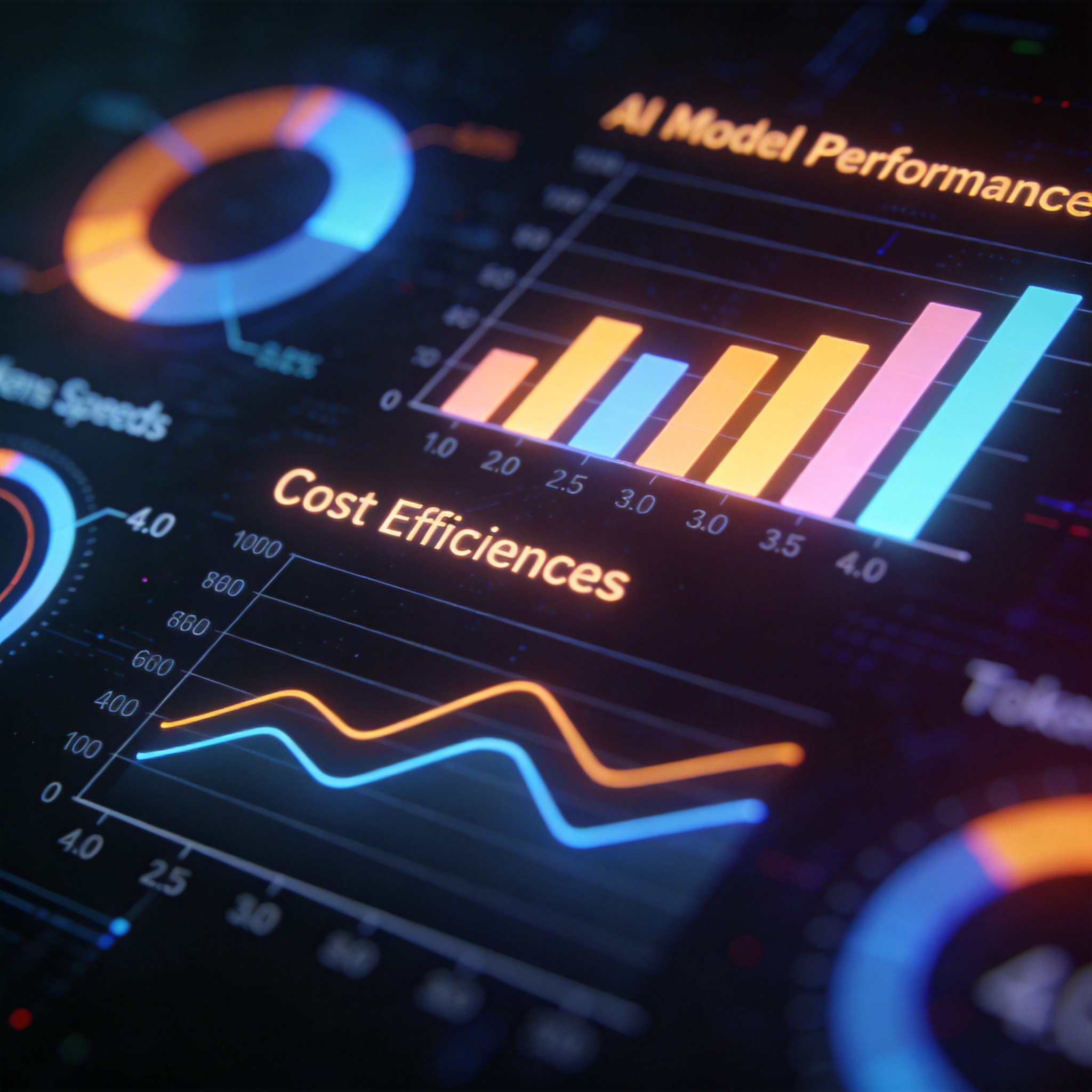 Abstract infographic comparing AI model performance, speed, and cost metrics with glowing visual elements.