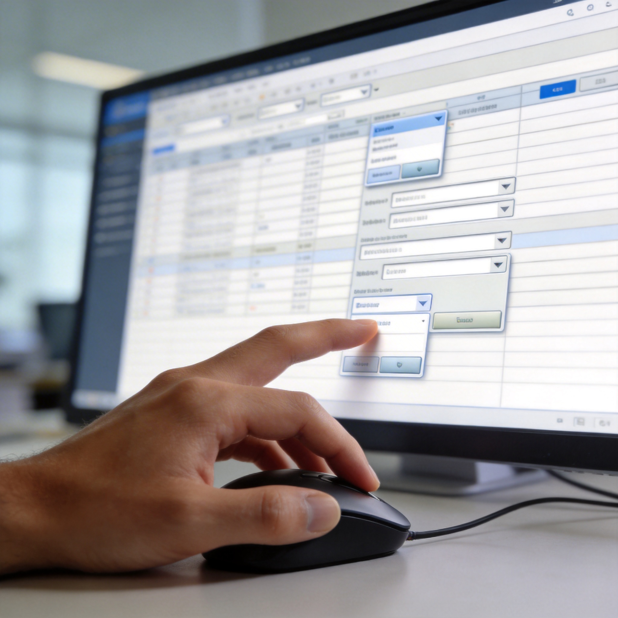 Human hand precisely operating a complex spreadsheet on a computer screen.