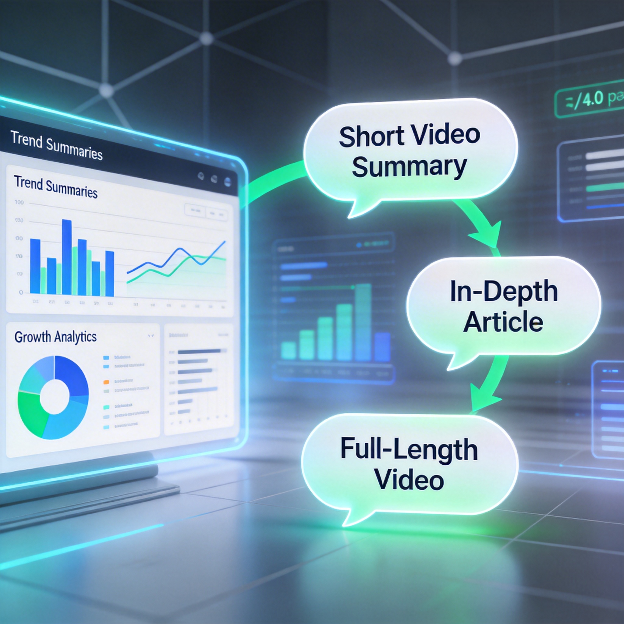 Digital dashboard showing content trends and analytics, with evolving content forms from short video to full video.
