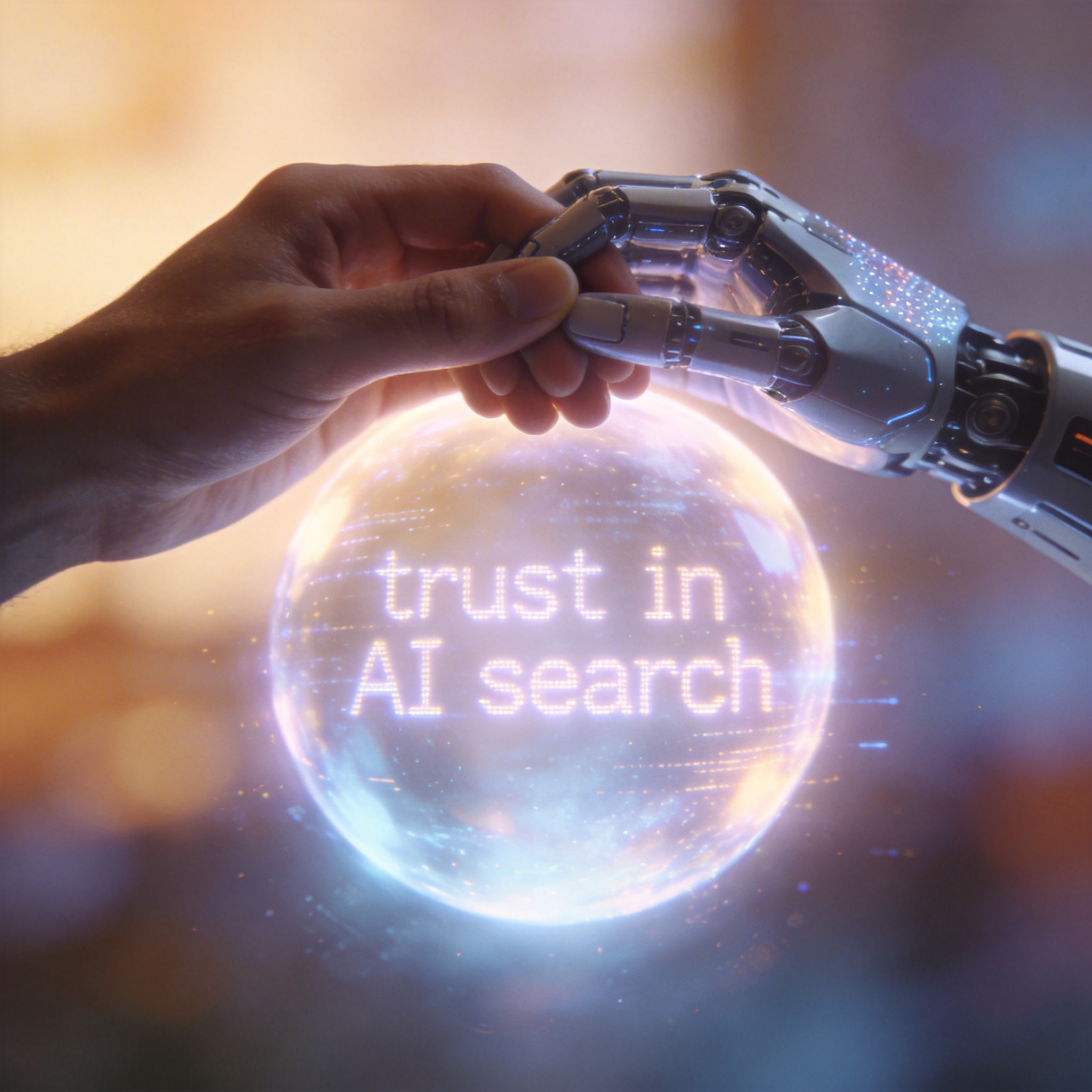 Abstract image of human and digital hands interlocking over a glowing orb, symbolizing trust in AI.