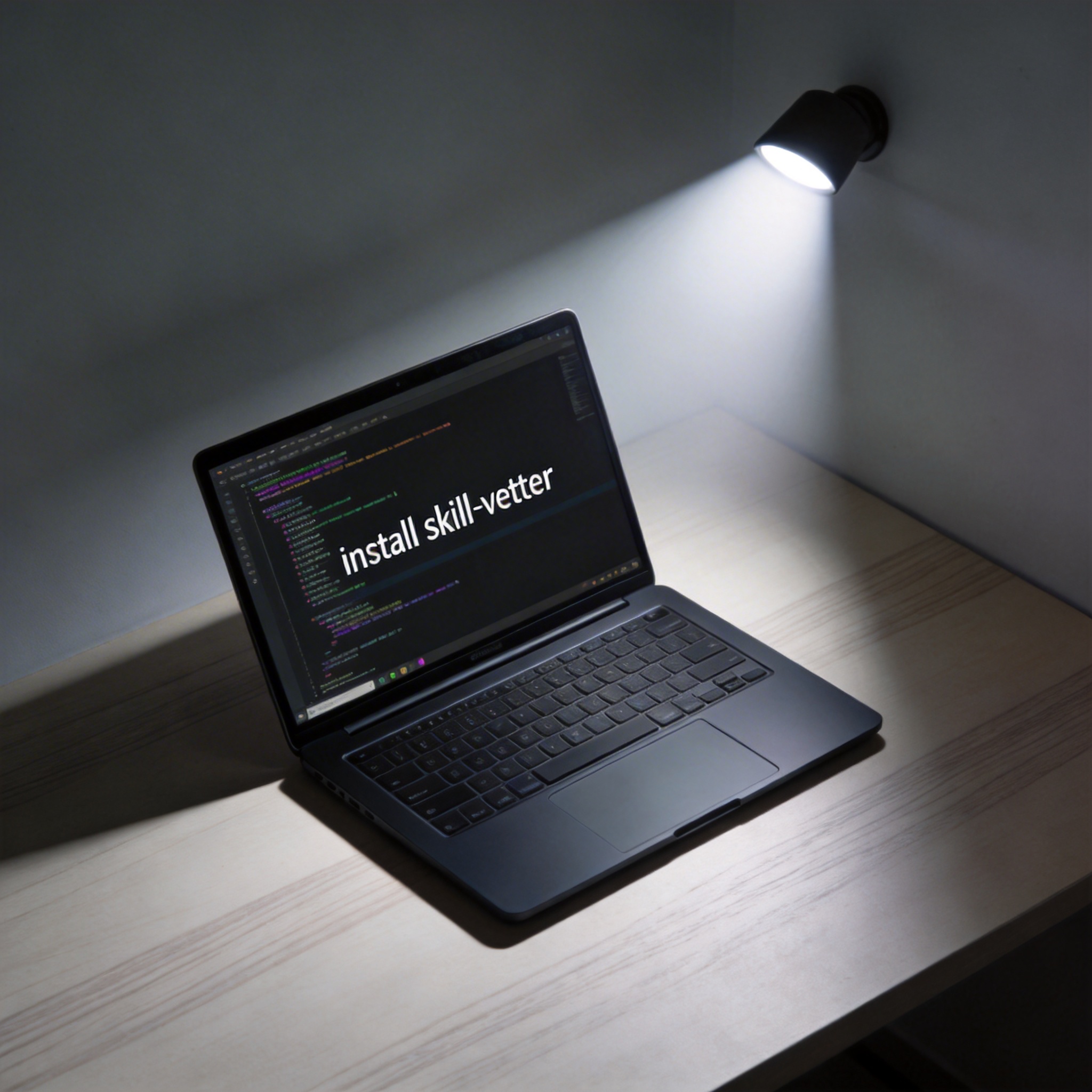 Laptop screen showing 'install skill-vetter' command, illustrating straightforward installation.