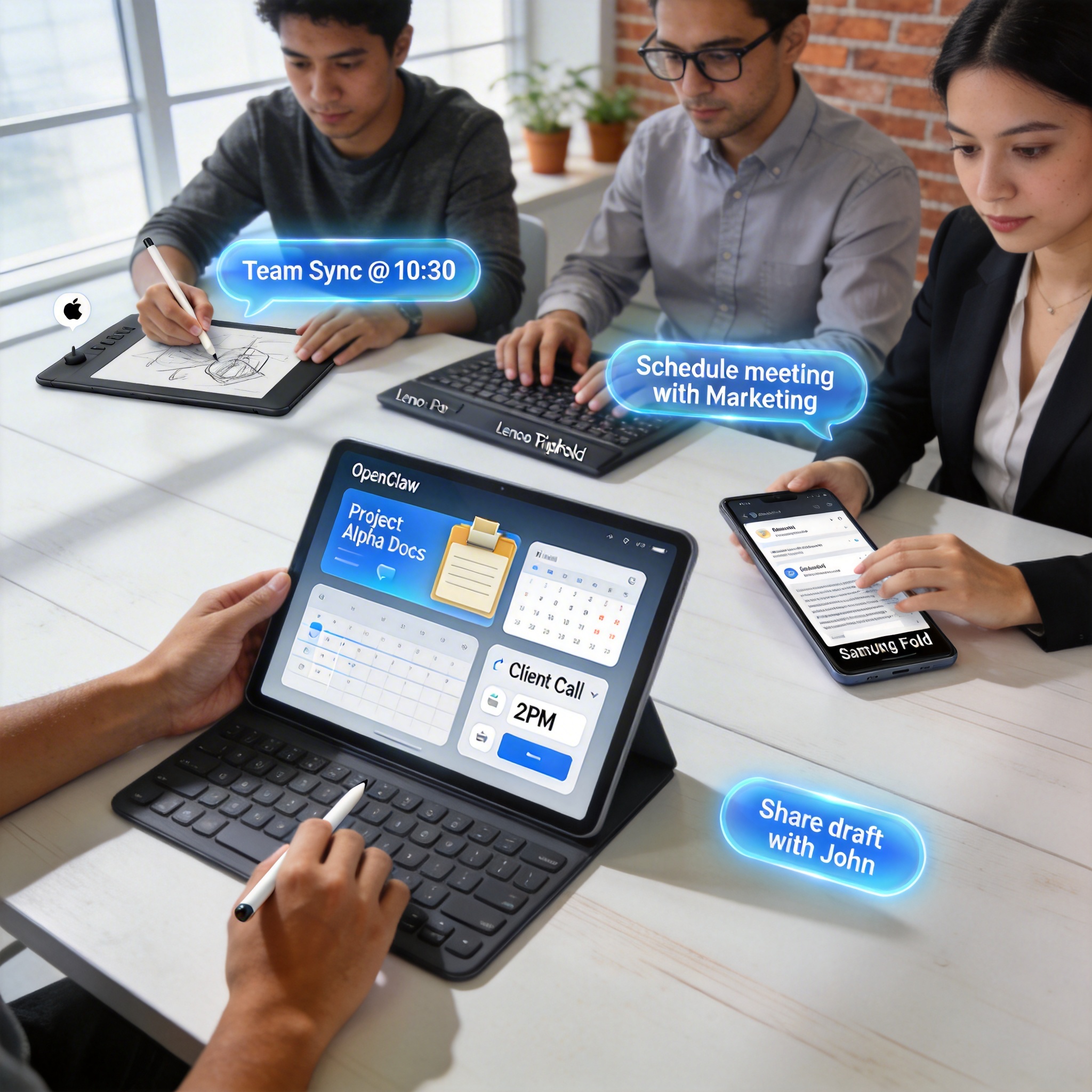 Diverse professionals using devices with OpenClaw interface overlays, showing seamless digital interaction.