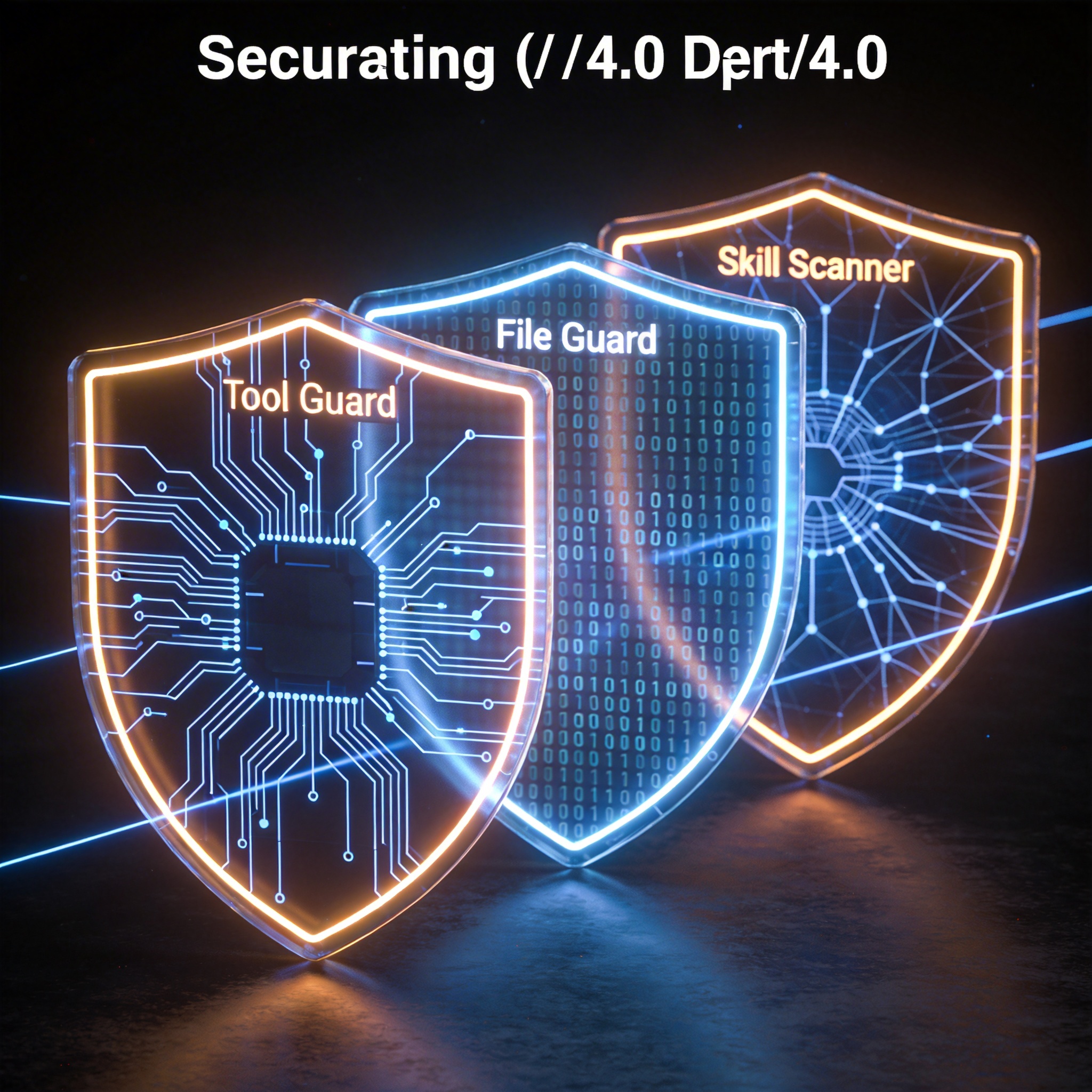 Three glowing digital shields representing CoPaw's layered security architecture: Tool Guard, File Guard, and Skill Scanner.