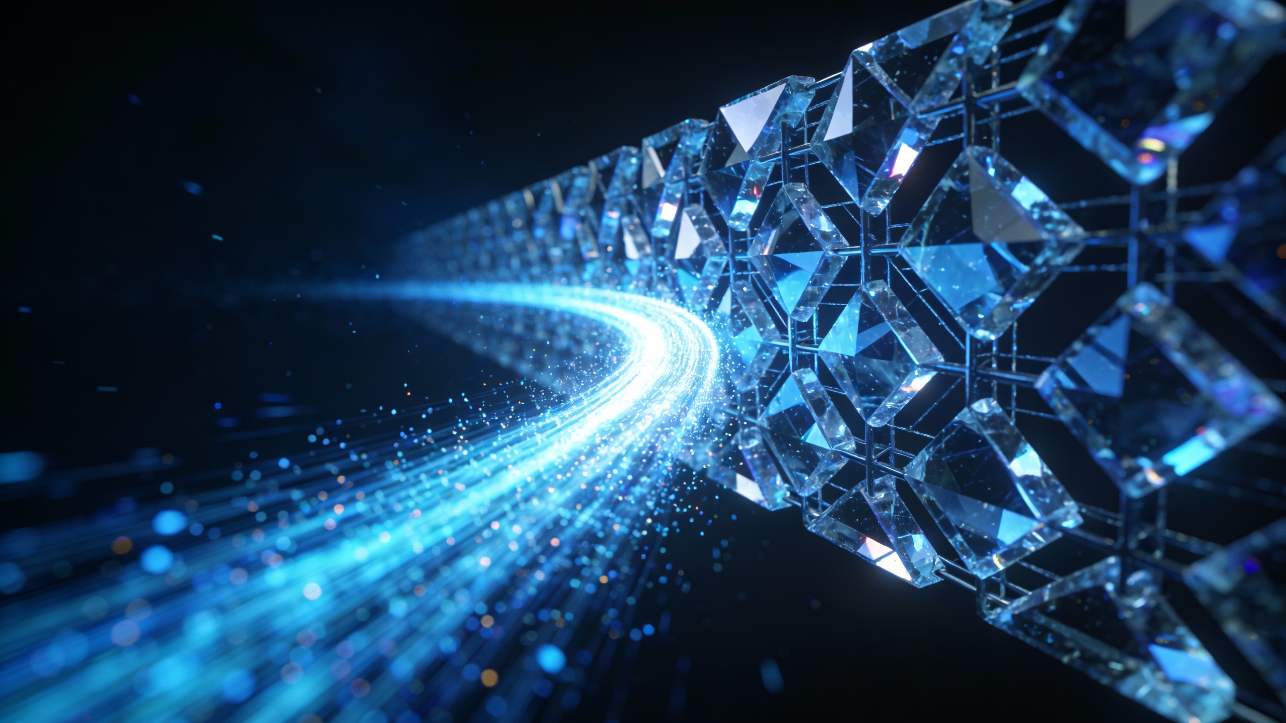 Abstract 3D visualization of a glowing data stream intersecting with complex geometric crystal structures.