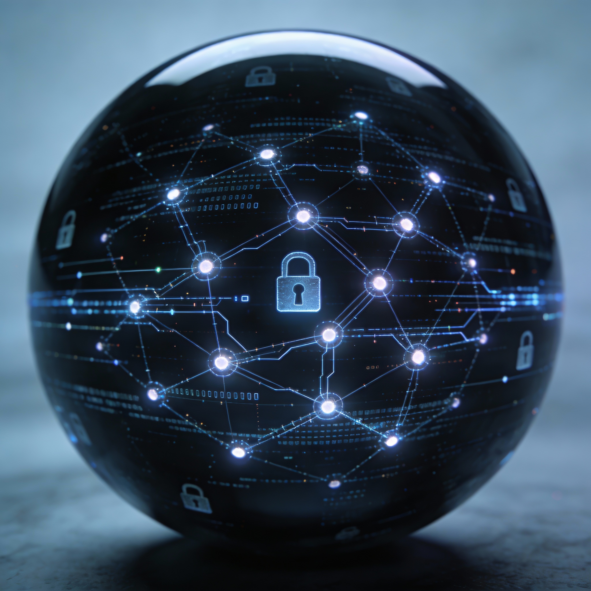Visual representation of confidential computing with encrypted data streams and secure nodes.