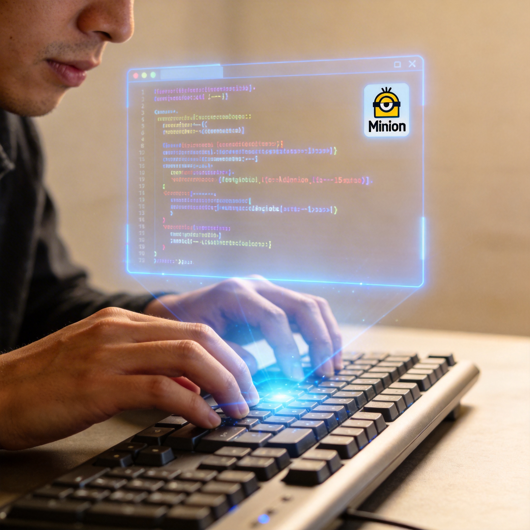 Developer typing on a keyboard with a holographic display showing code and a 'Minion' icon.