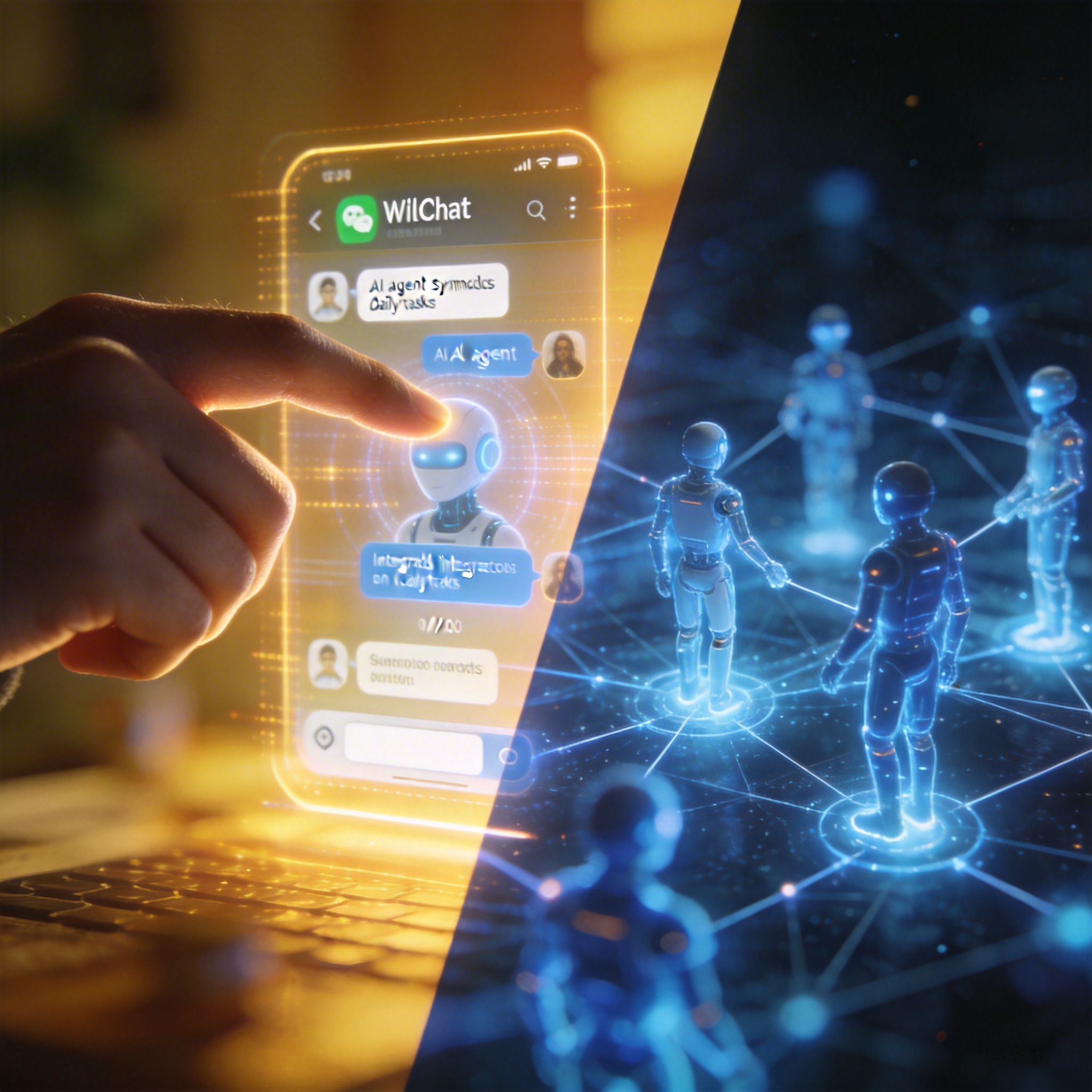 Split image showing human-AI interaction on WeChat and AI-AI interaction on a network, representing Tencent and Meta's strategies.