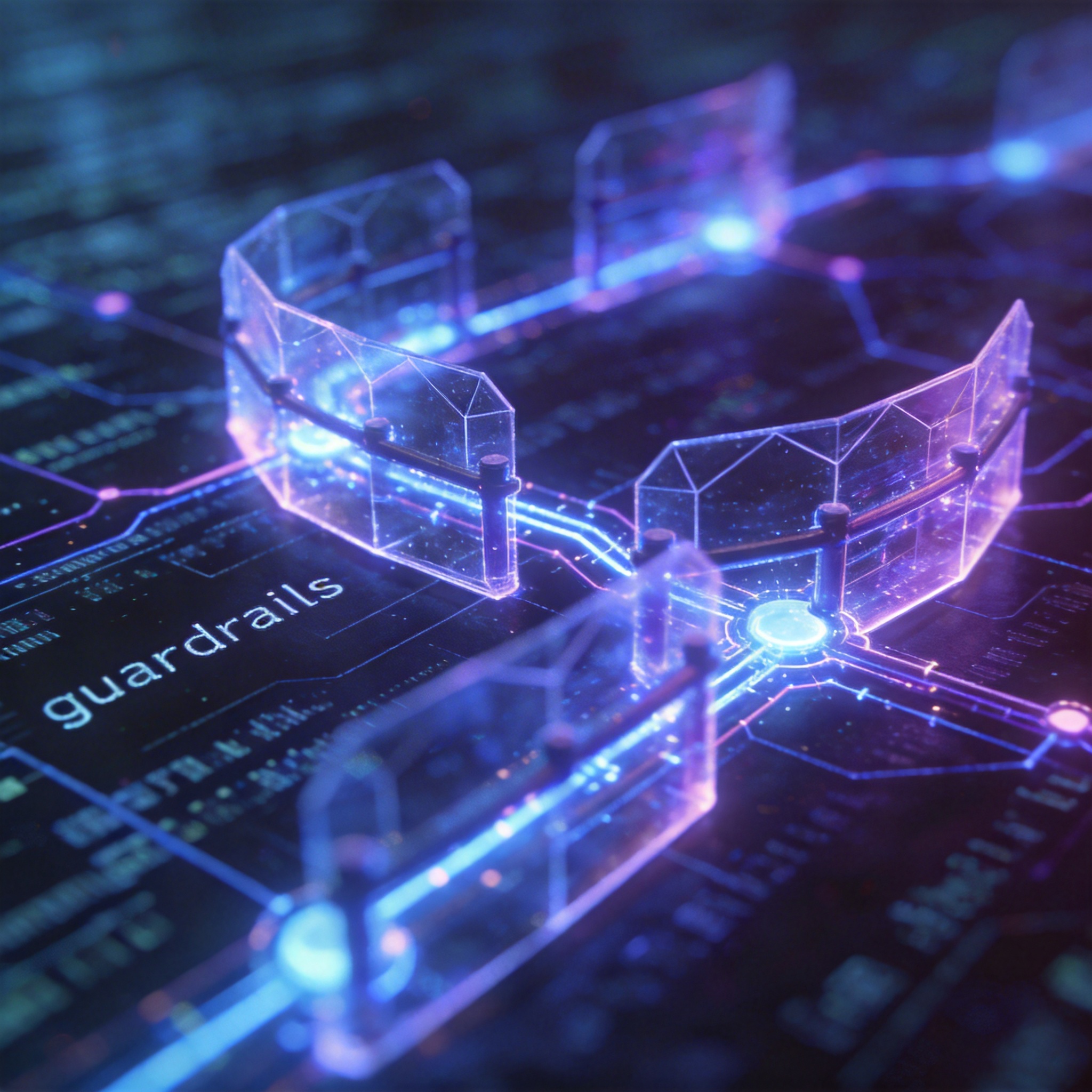 Digital network with glowing protective shields, symbolizing AI safety guardrails.