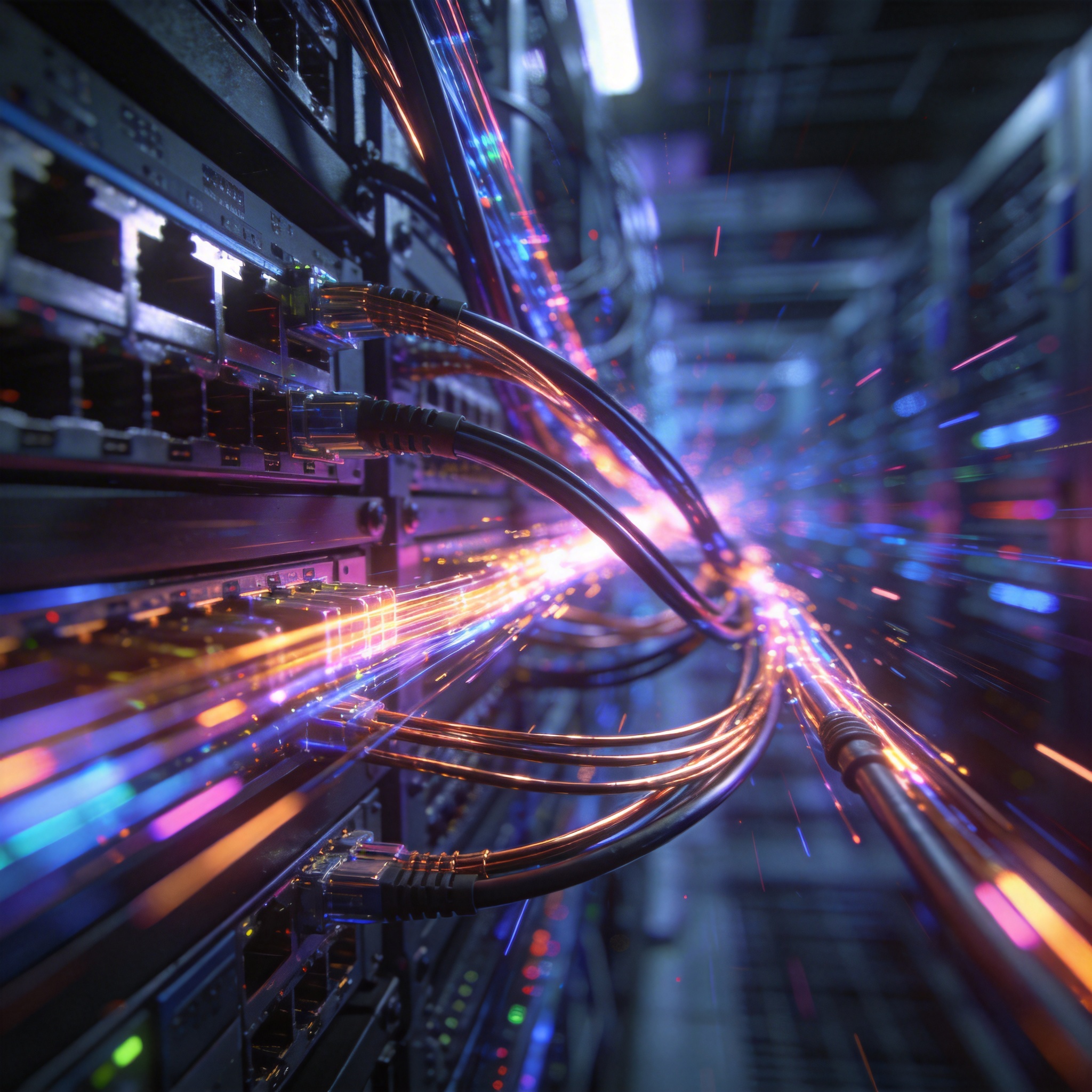 Streaks of light representing high-speed data flow through fiber optic and copper cables.