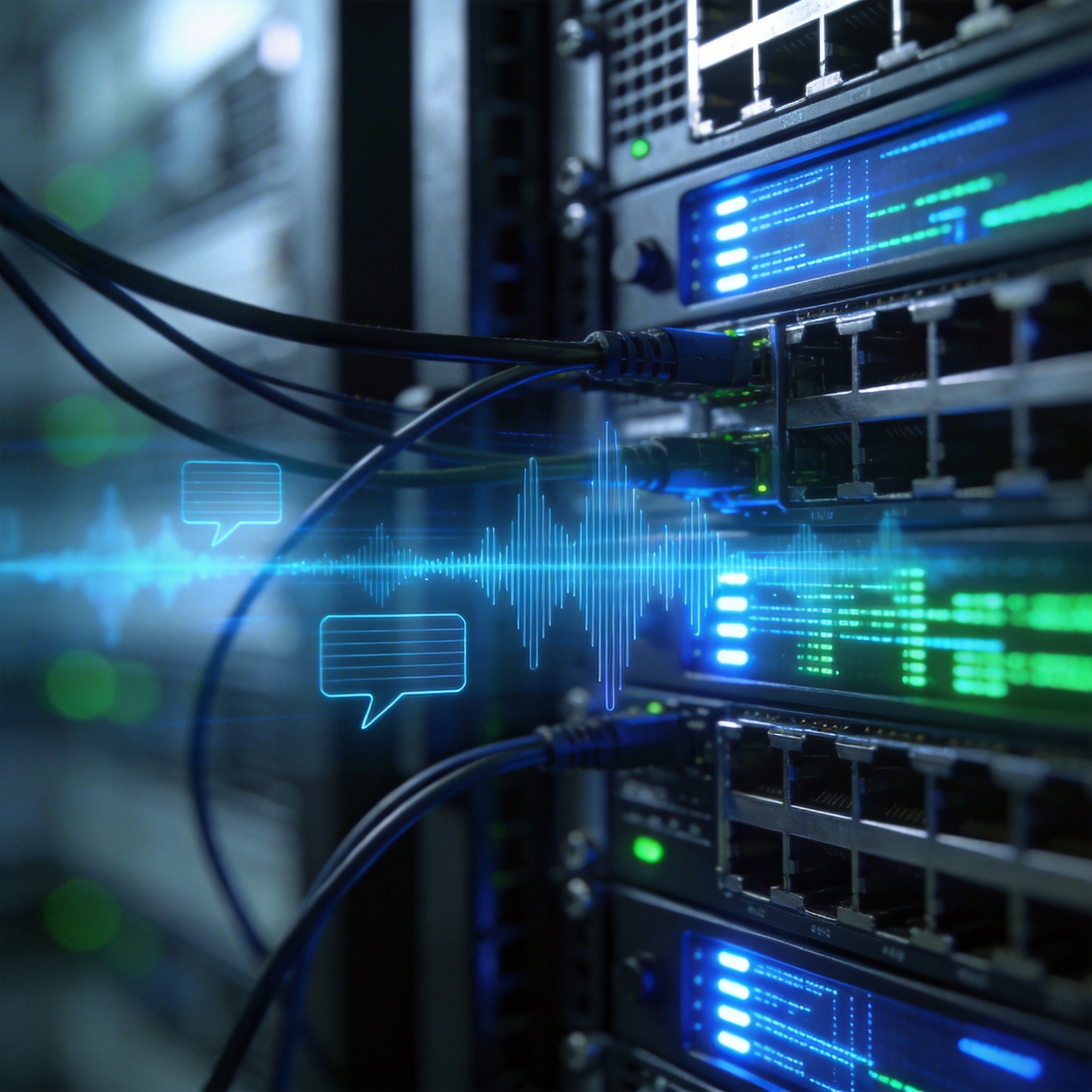 Server rack with glowing lights and overlaid speech waveforms, symbolizing real-time AI interaction.