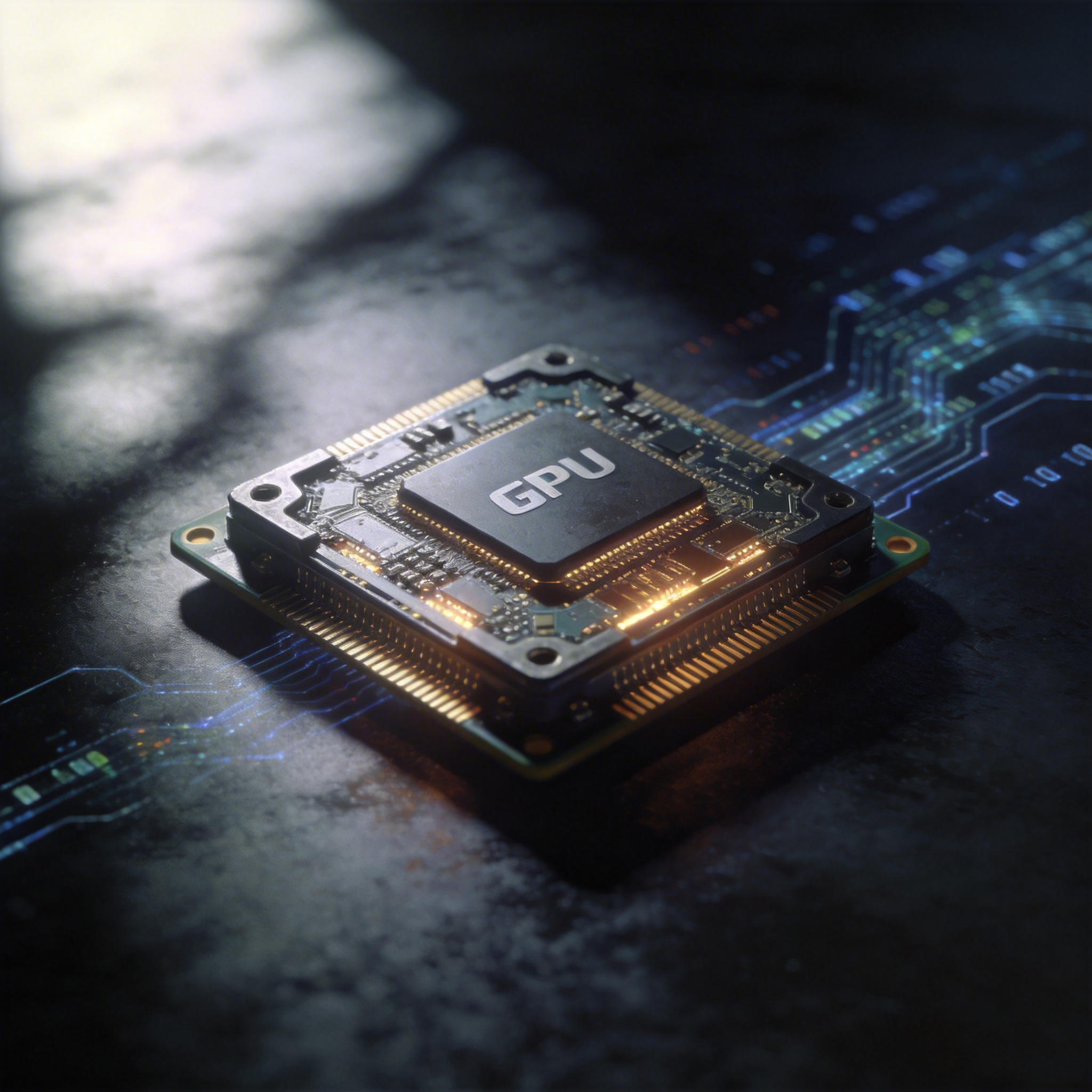Close-up of a glowing GPU chip, symbolizing the hardware essential for AI training.