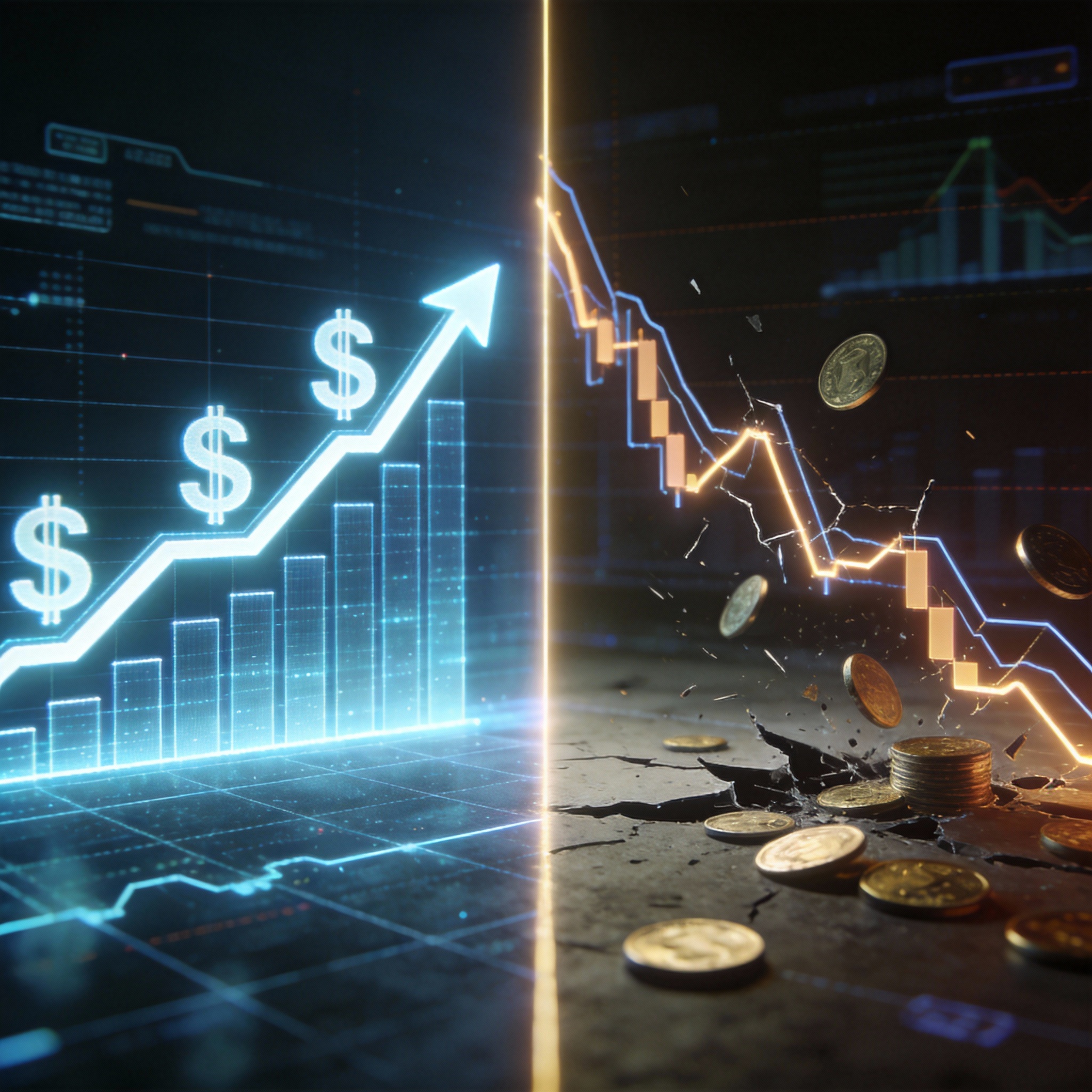 Split image showing financial gains and losses, representing the dual outcomes of AI-driven trading.