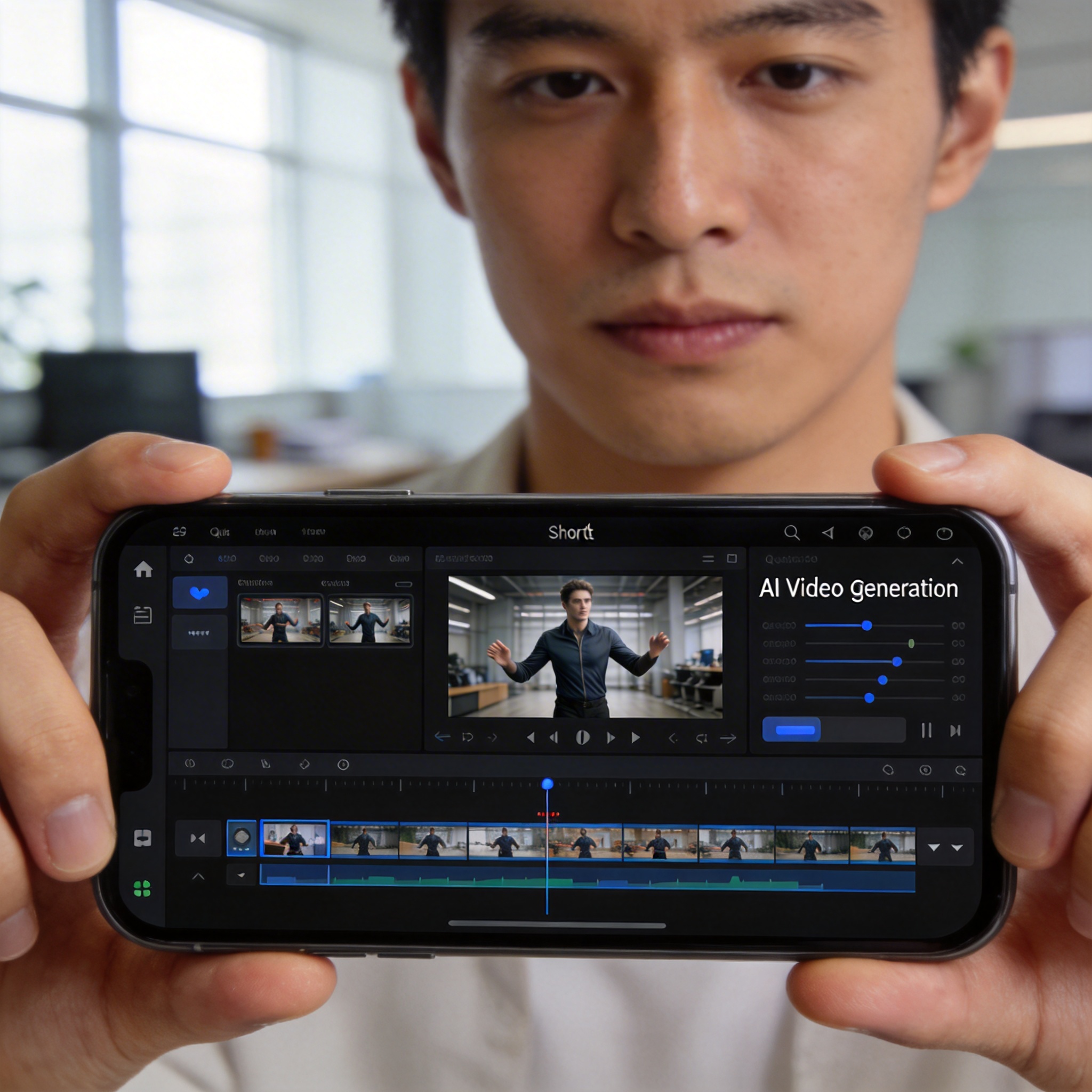 Close-up of a smartphone displaying an AI video generation app interface with a realistic generated video playing.