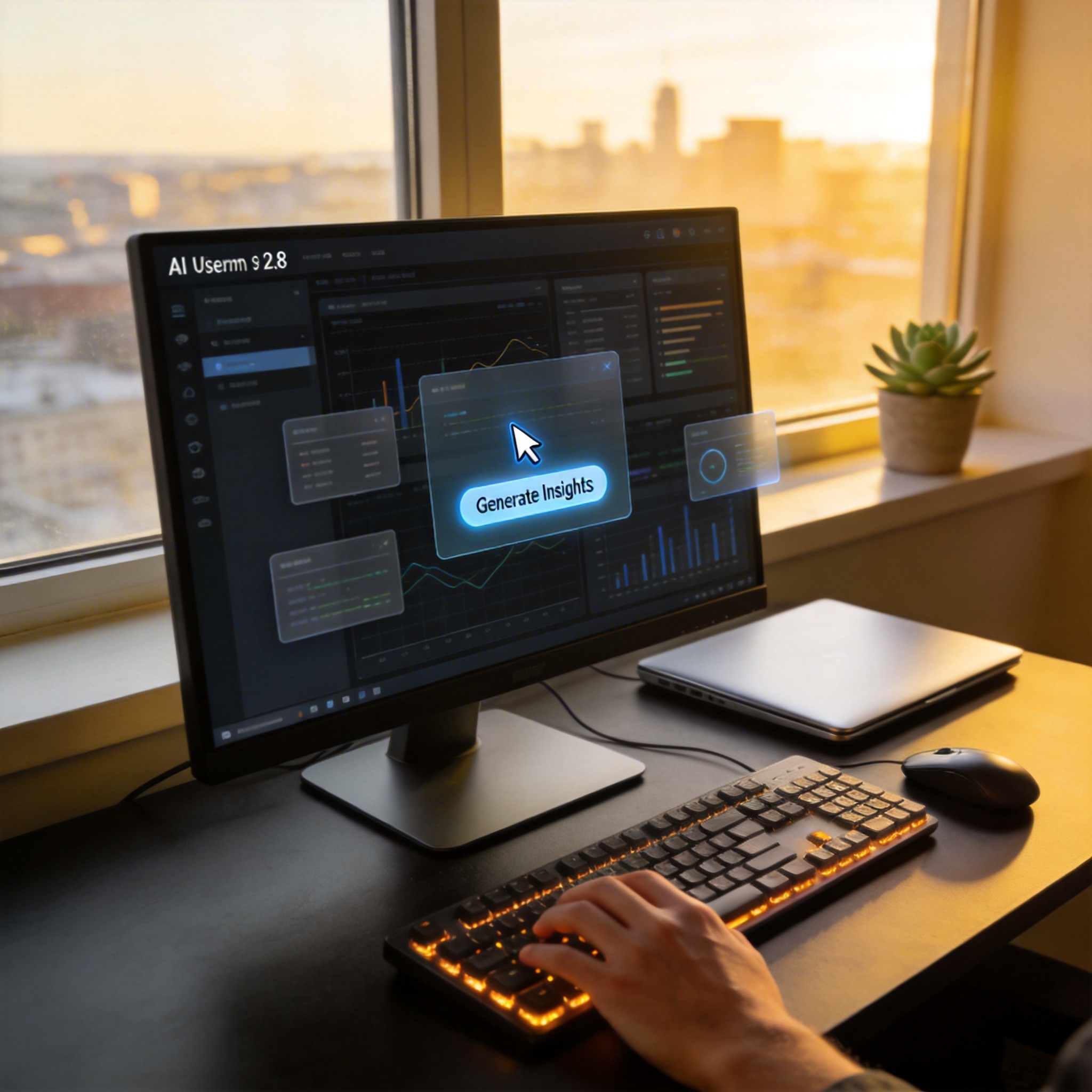 Modern desktop computer with AI-driven interface, mouse cursor, and human hand on keyboard.