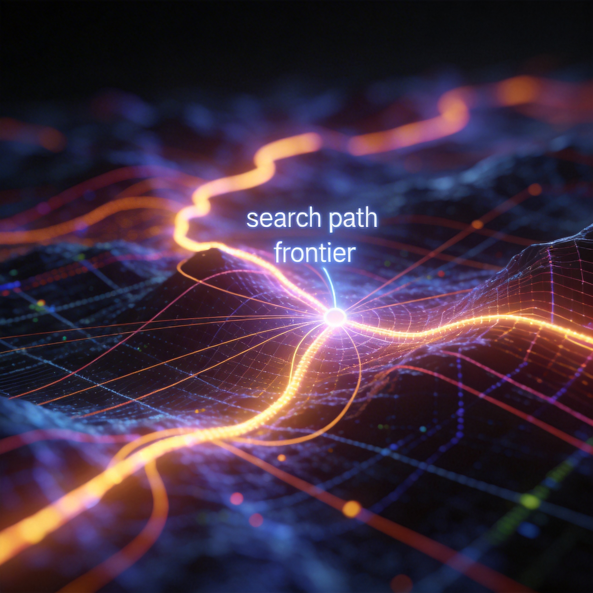 Abstract visualization of a frontier search algorithm identifying optimal thresholds for AI model performance.
