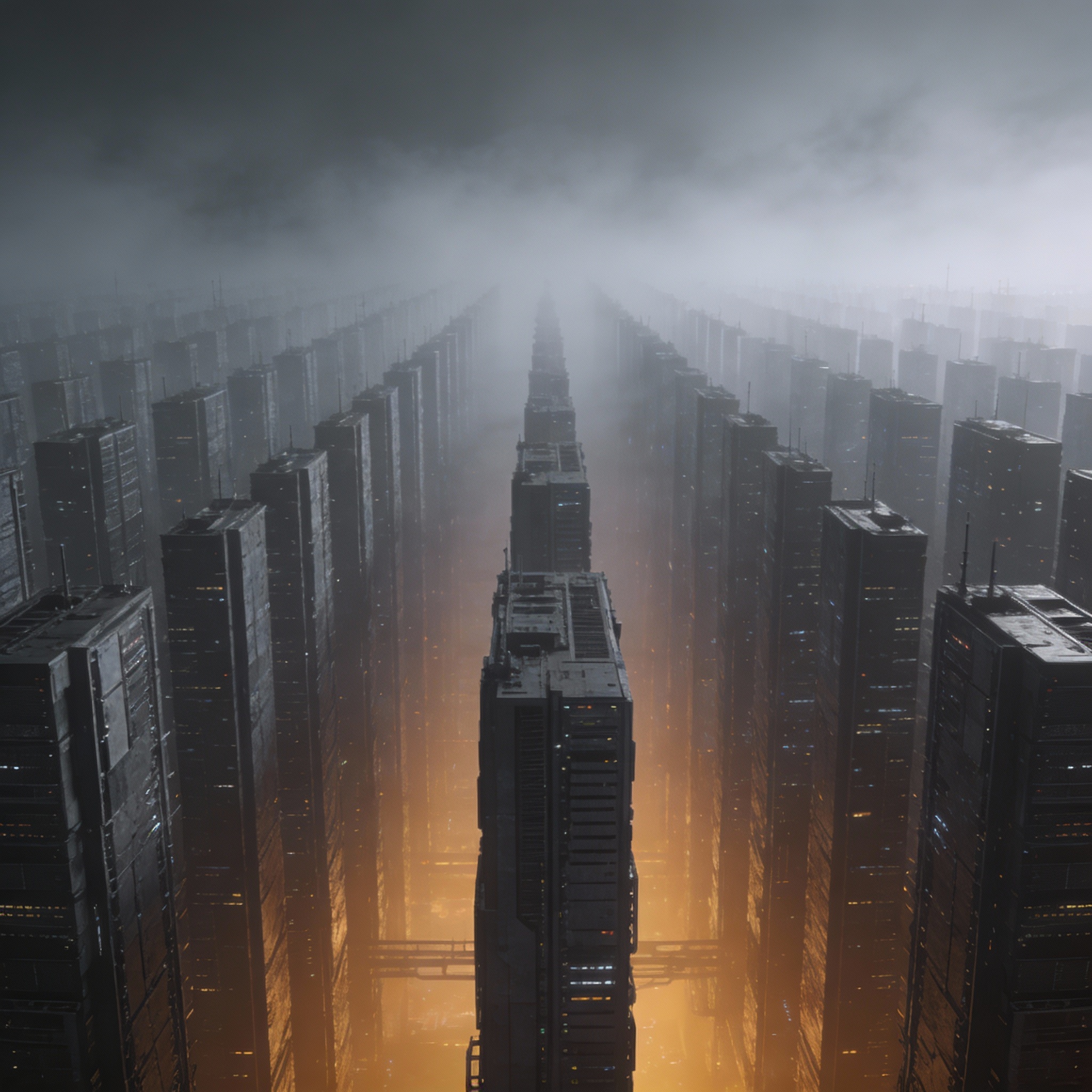 Infinite rows of digital server monoliths fading into a foggy, impenetrable horizon.