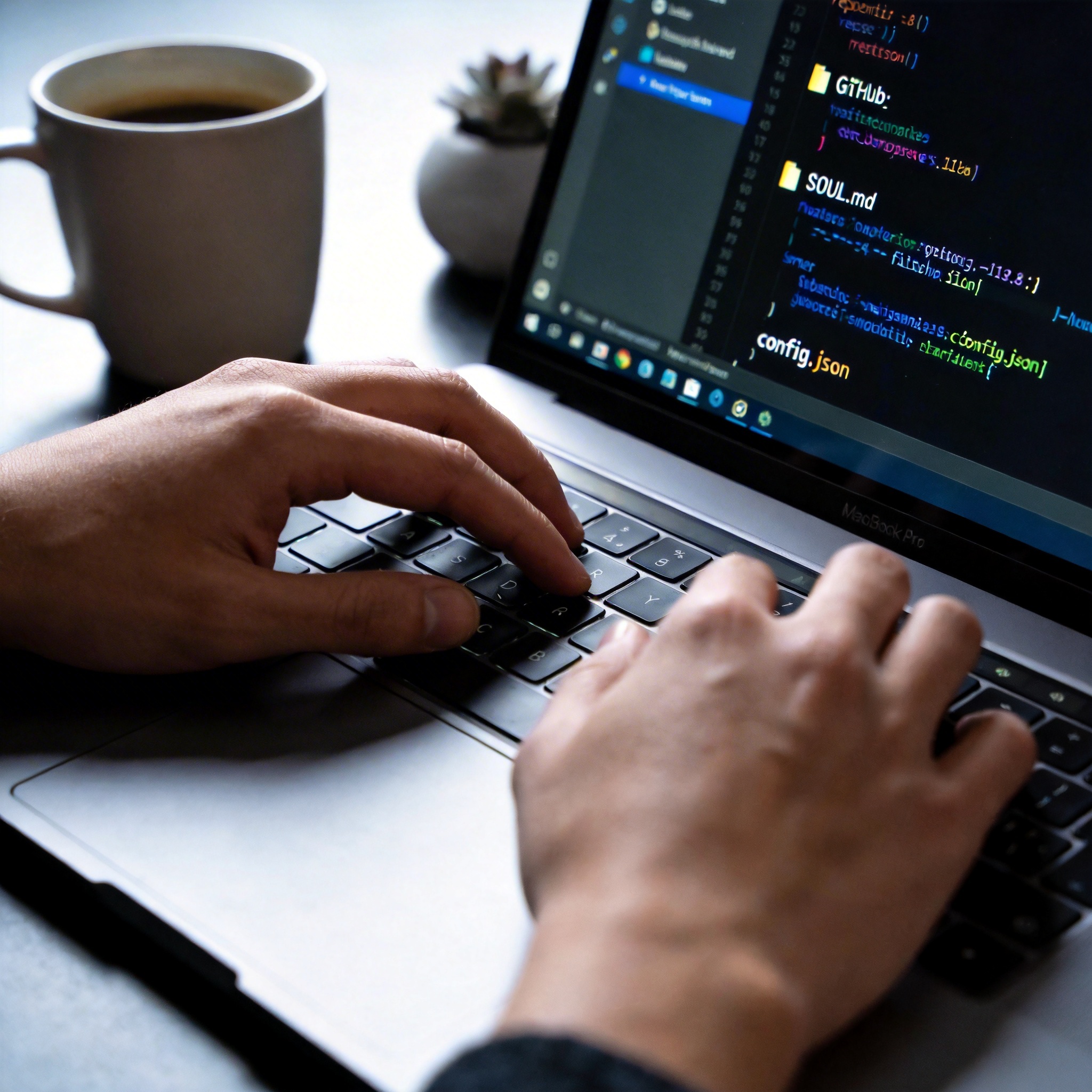 Developer's hands typing on a laptop, screen showing code and GitHub repository for 'SOUL.md'.
