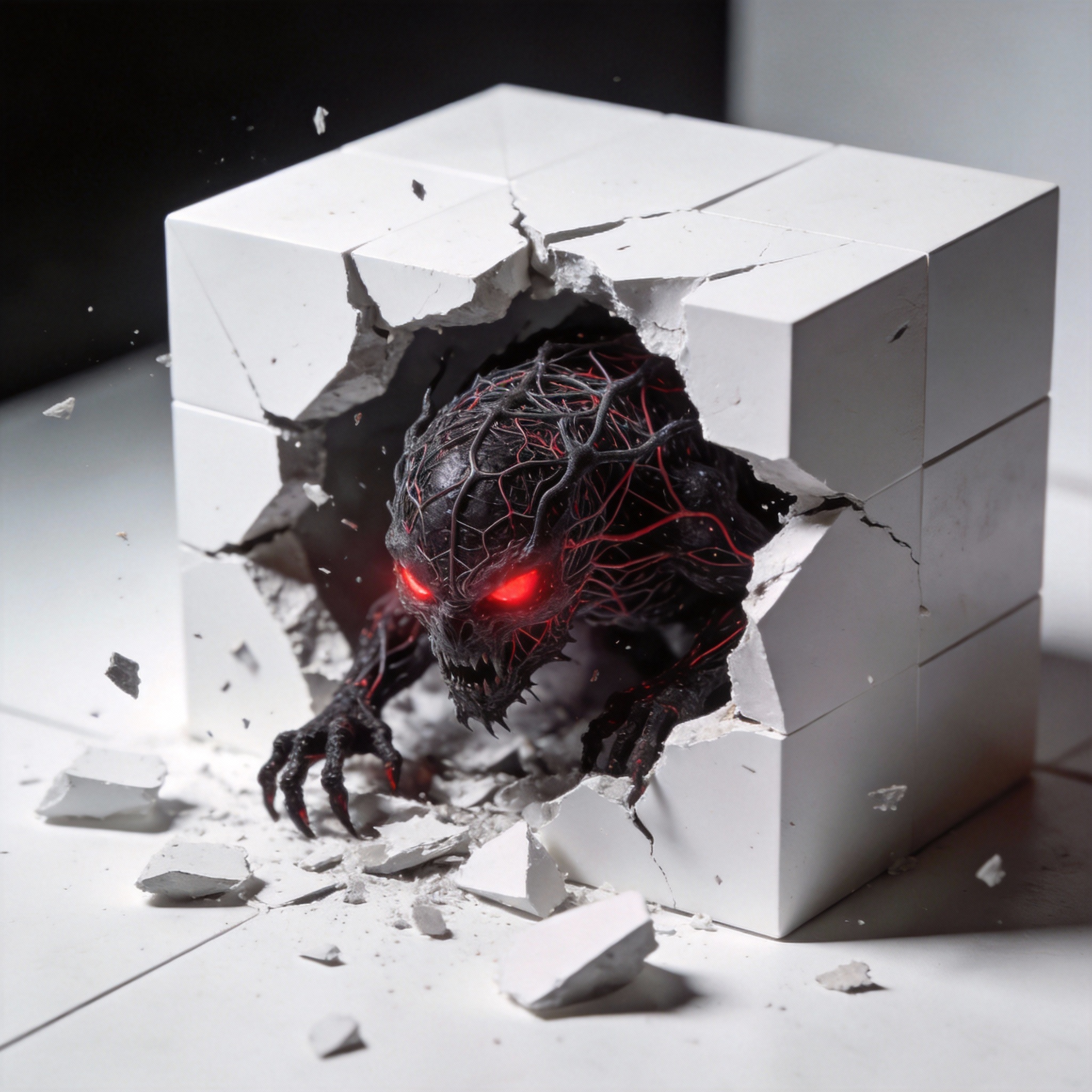 Digital beast emerging from a crumbling geometric structure, symbolizing the 'beast' within LLMs.