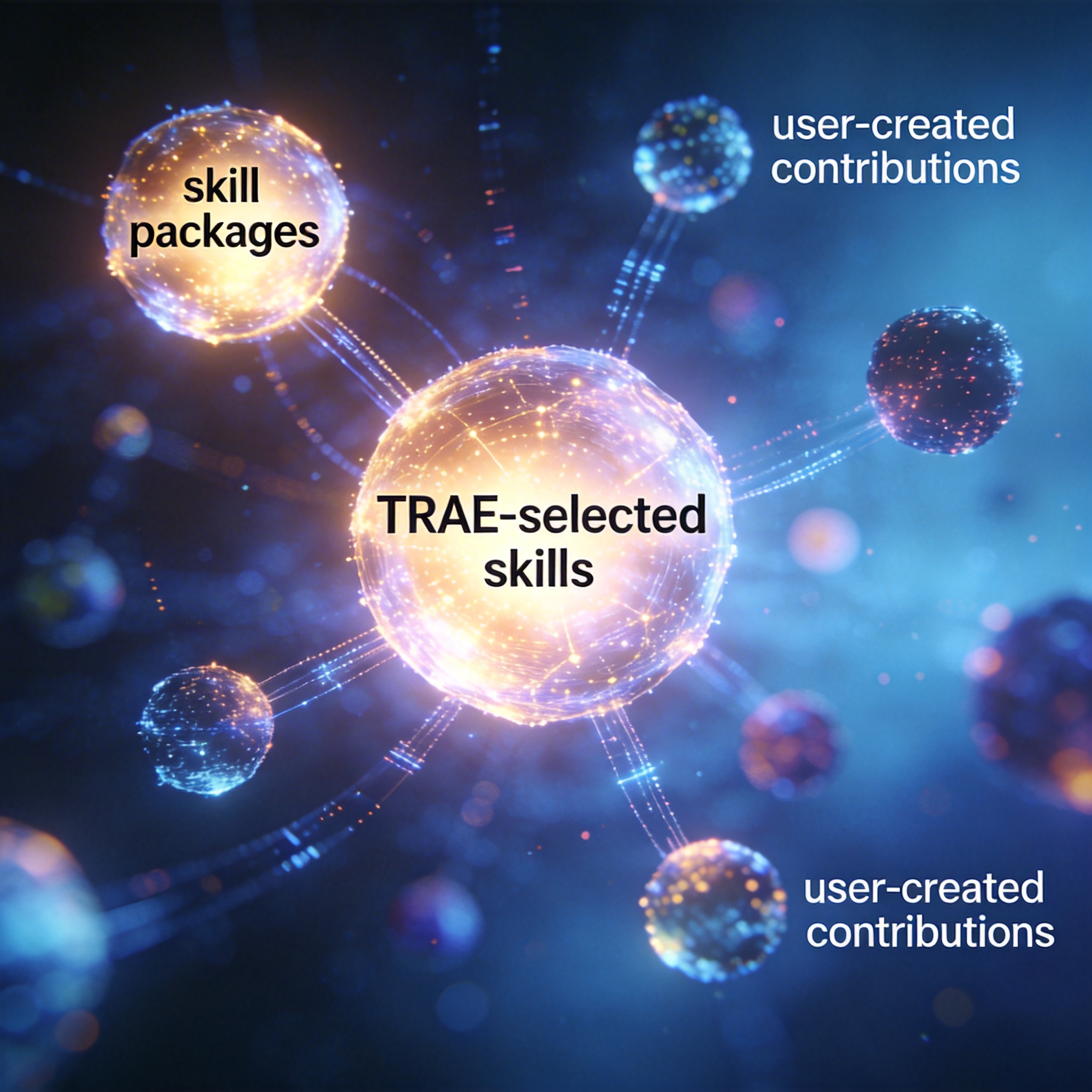Abstract digital marketplace with glowing, interconnected nodes representing AI skill packages and user contributions.