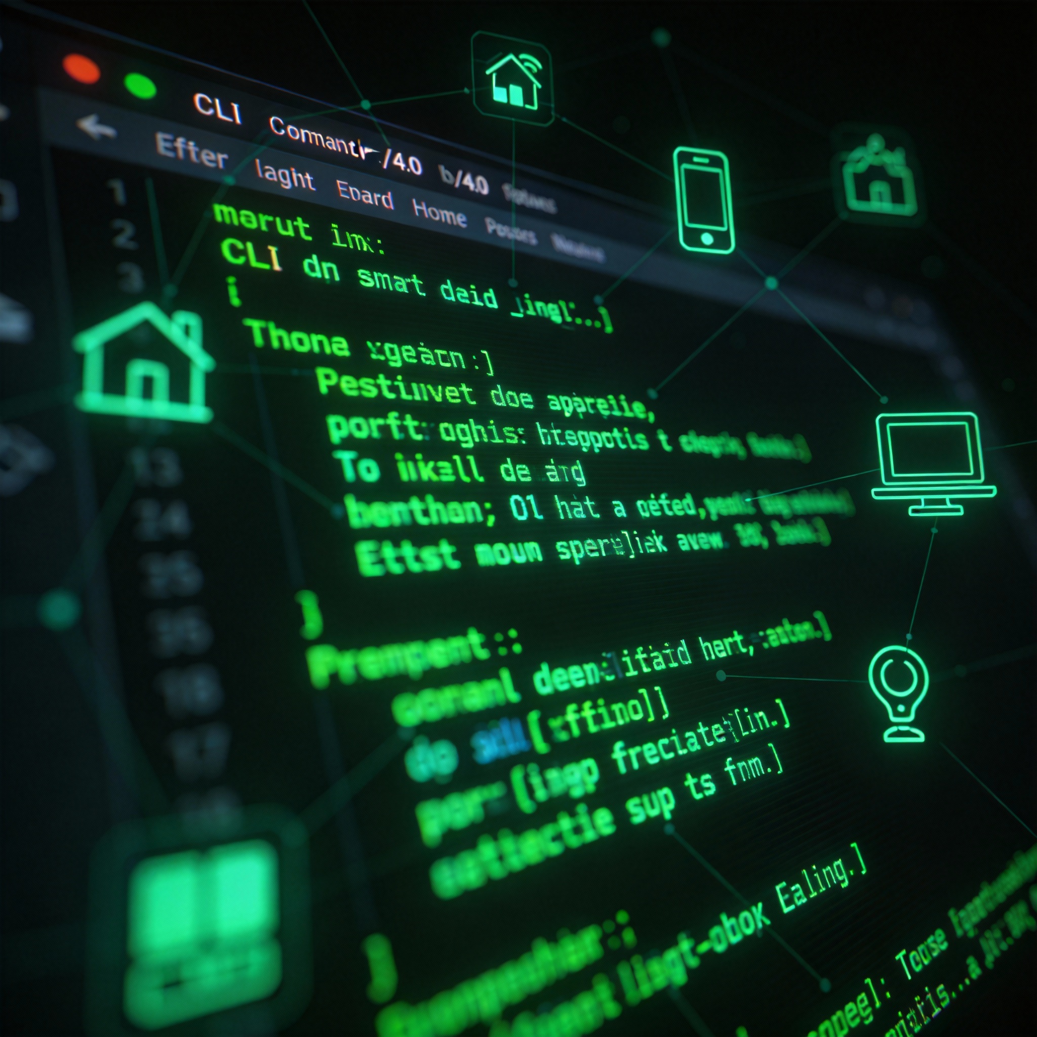 Abstract visualization of a command-line interface (CLI) interacting with smart home devices.