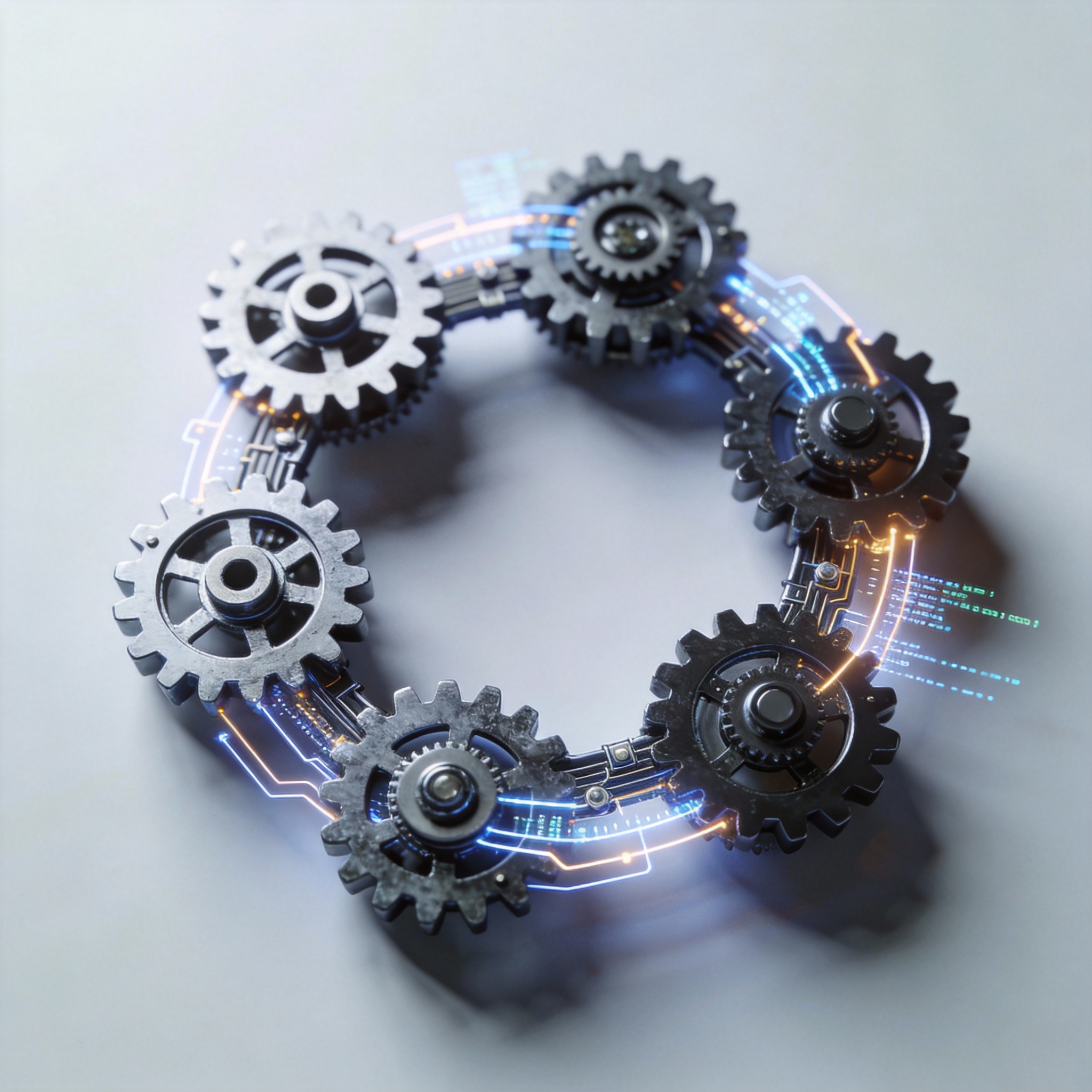 Conceptual image of a closed-loop system with interlocking digital gears and circuits, symbolizing autonomous AI validation.