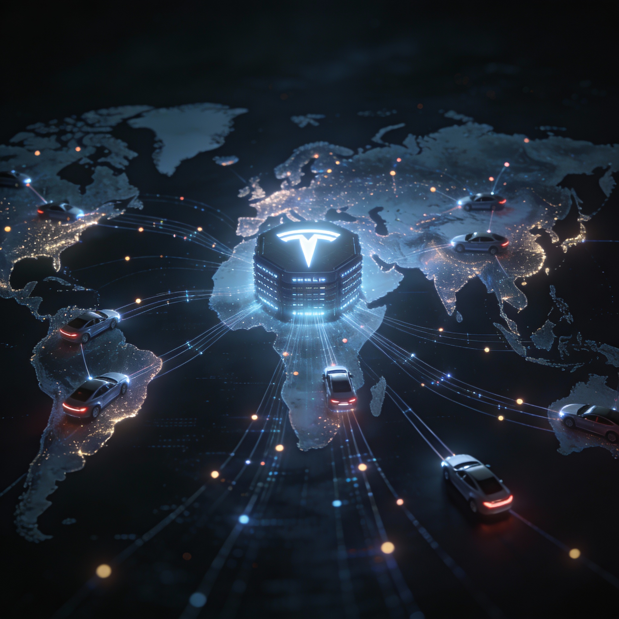 A glowing global map with numerous dots representing Tesla vehicles, sending data streams to a central supercomputer node.