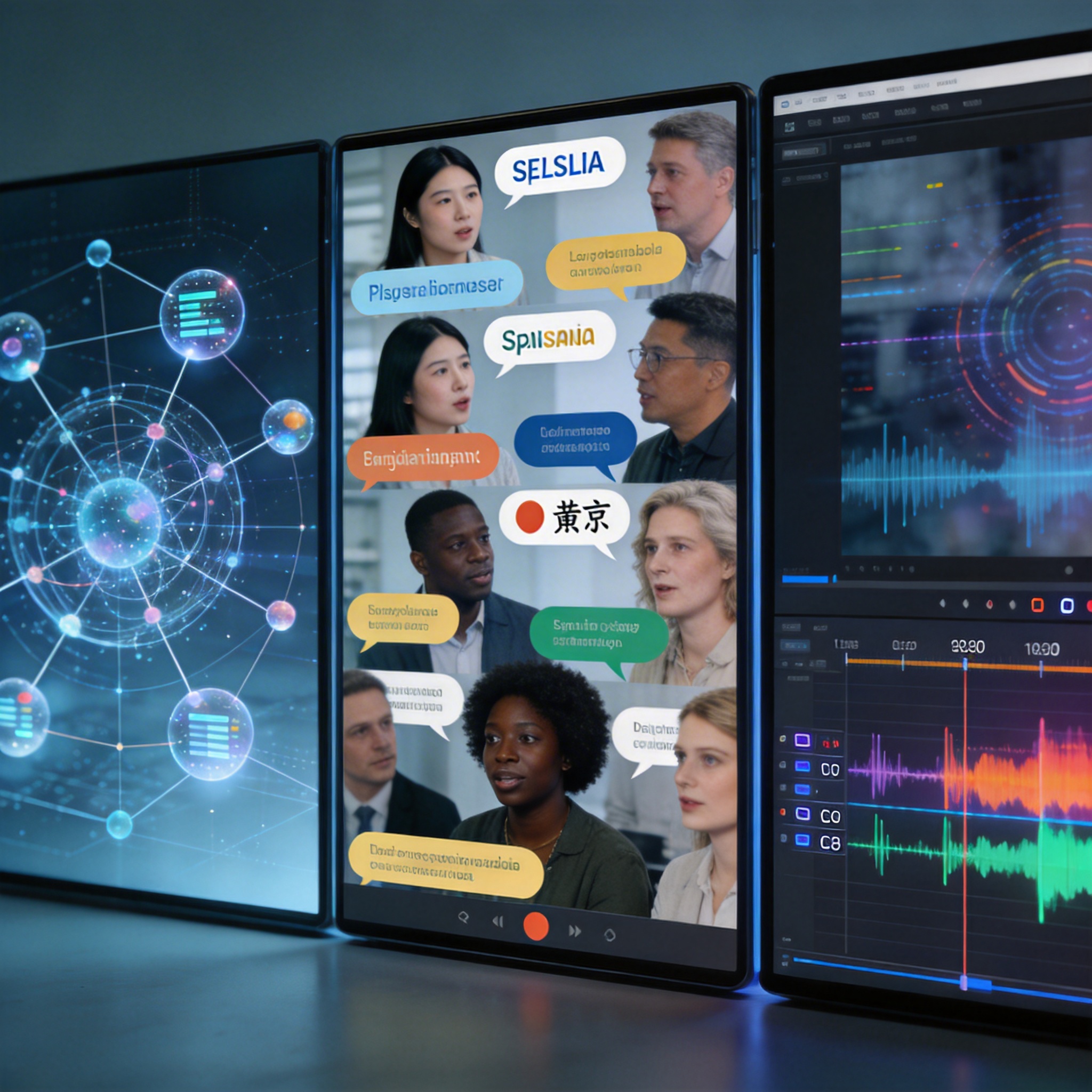 Multi-panel image showing AI capabilities: scientific reasoning, multilingual communication, and video analysis.