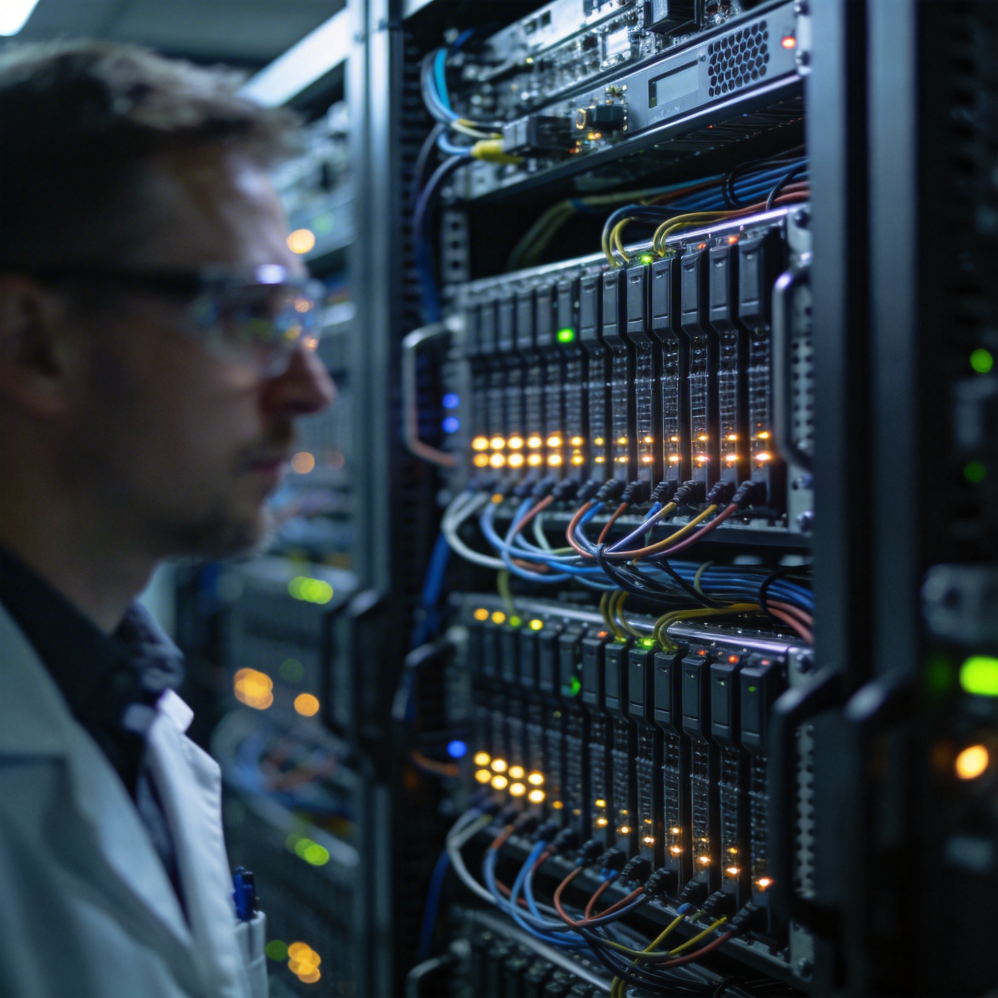 Close-up of a server rack with glowing indicator lights, symbolizing high-performance computing infrastructure.