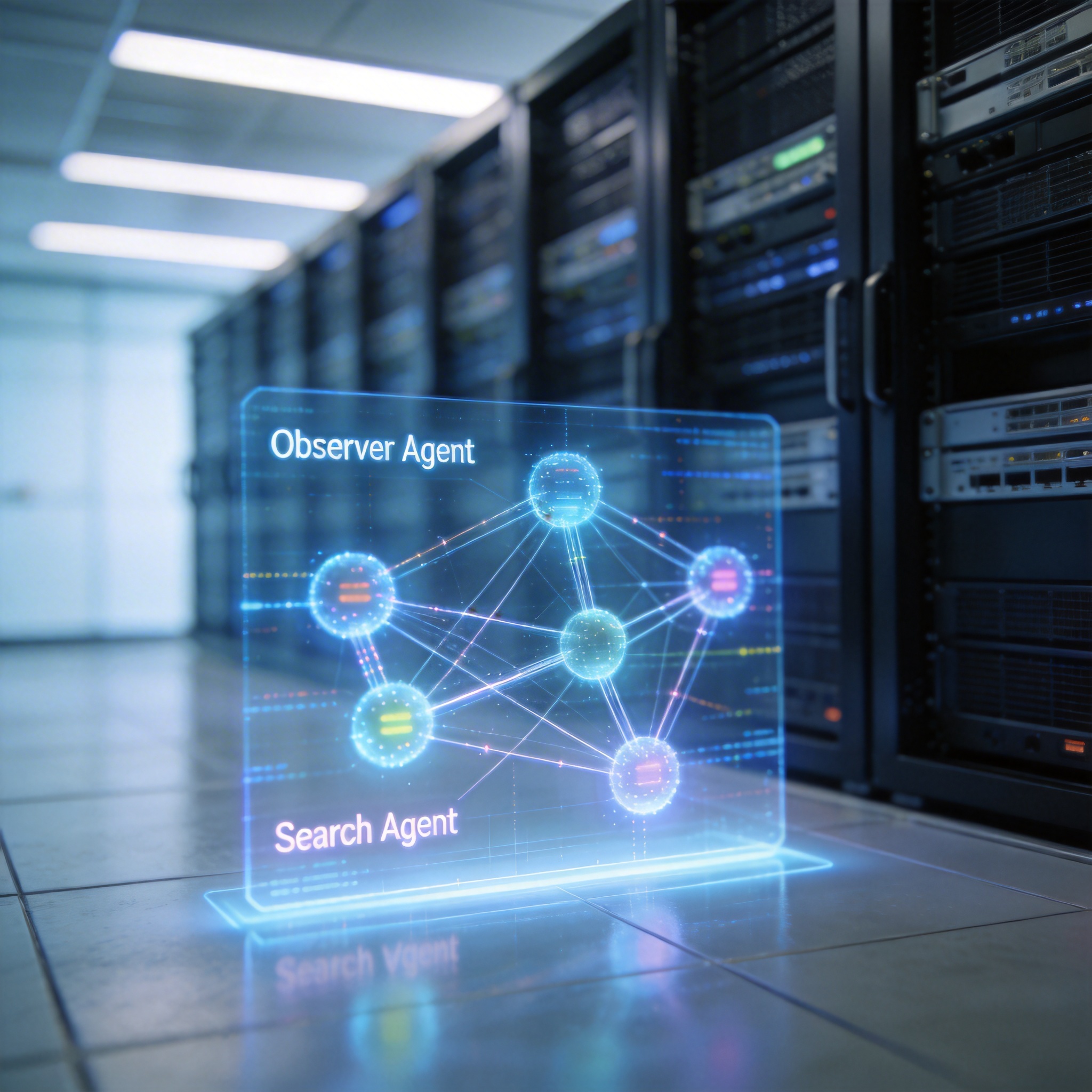 Holographic display showing a multi-agent AI architecture with Observer and Search Agents.