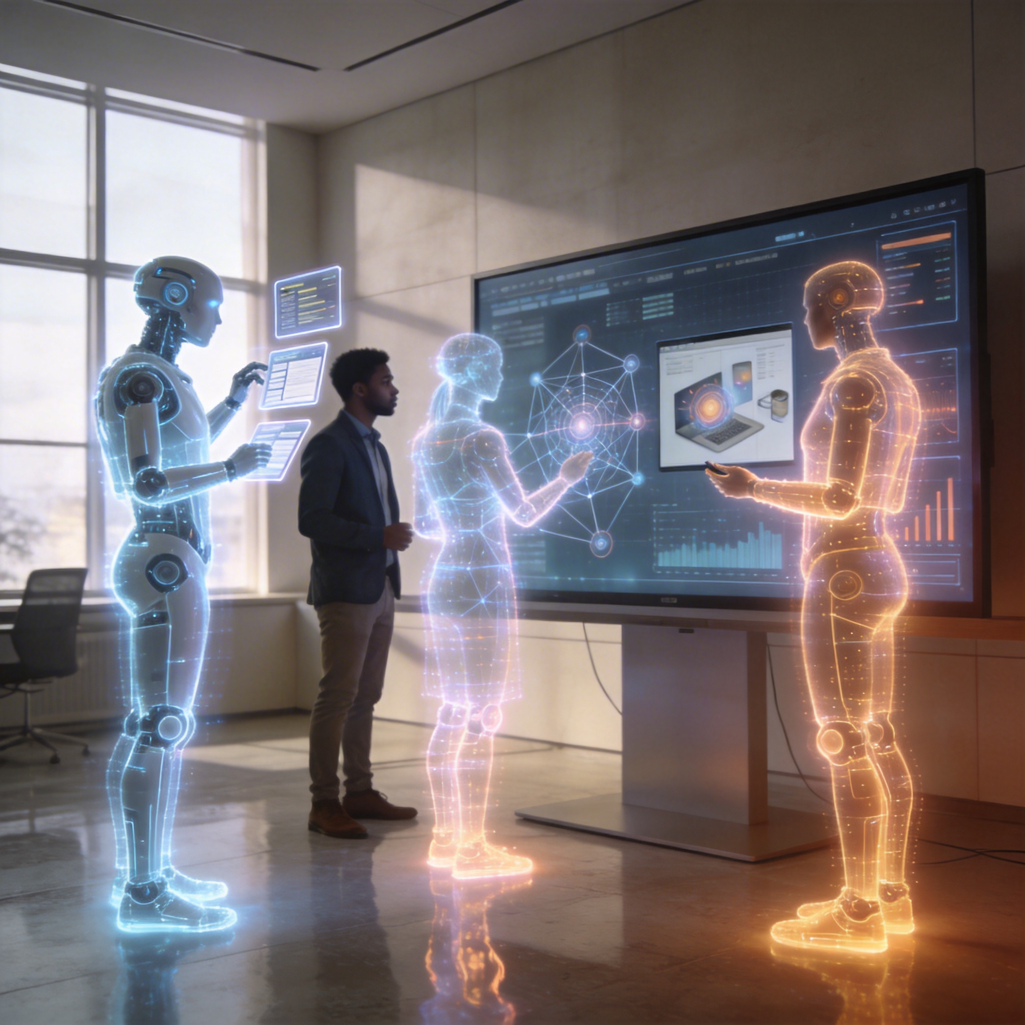 Holographic AI agents collaborating around a digital display in a modern office, symbolizing autonomous task execution.