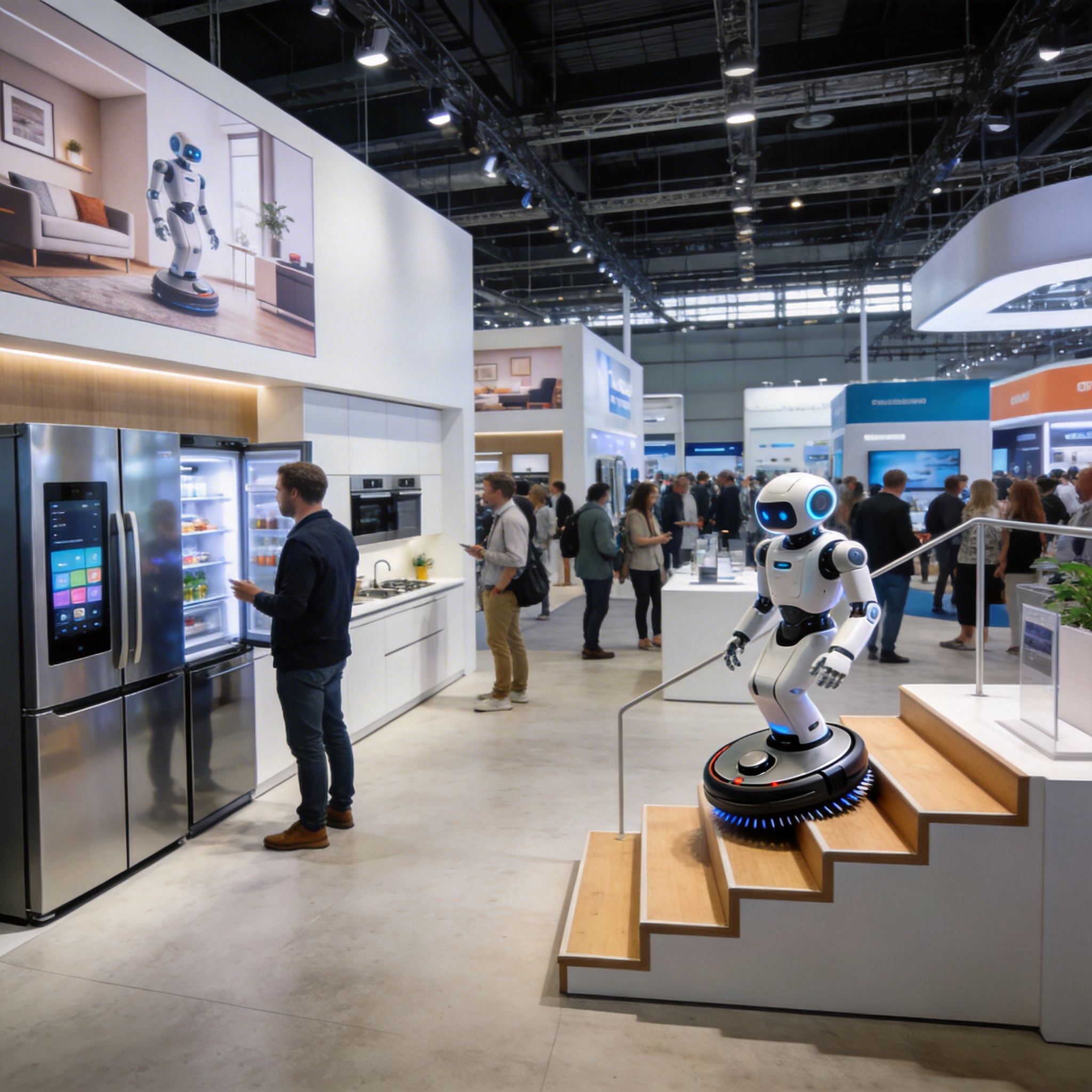 Attendees at a large technology exhibition interacting with AI-powered home appliances and humanoid robots.