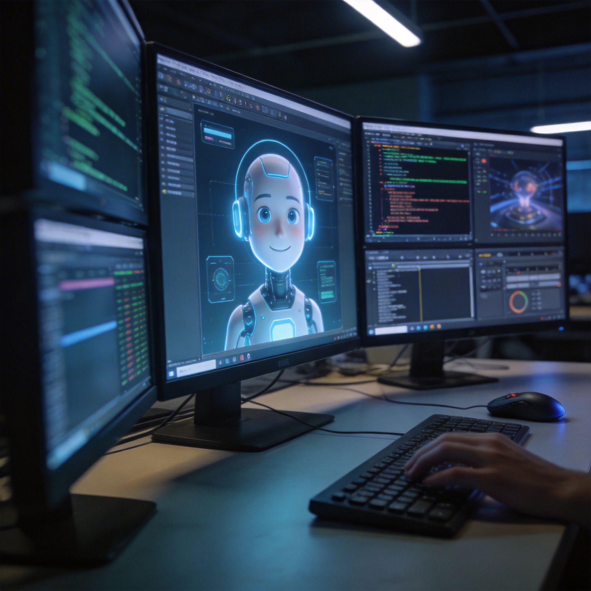 Modern workspace with multiple monitors, one displaying an AI avatar, others showing code and data.