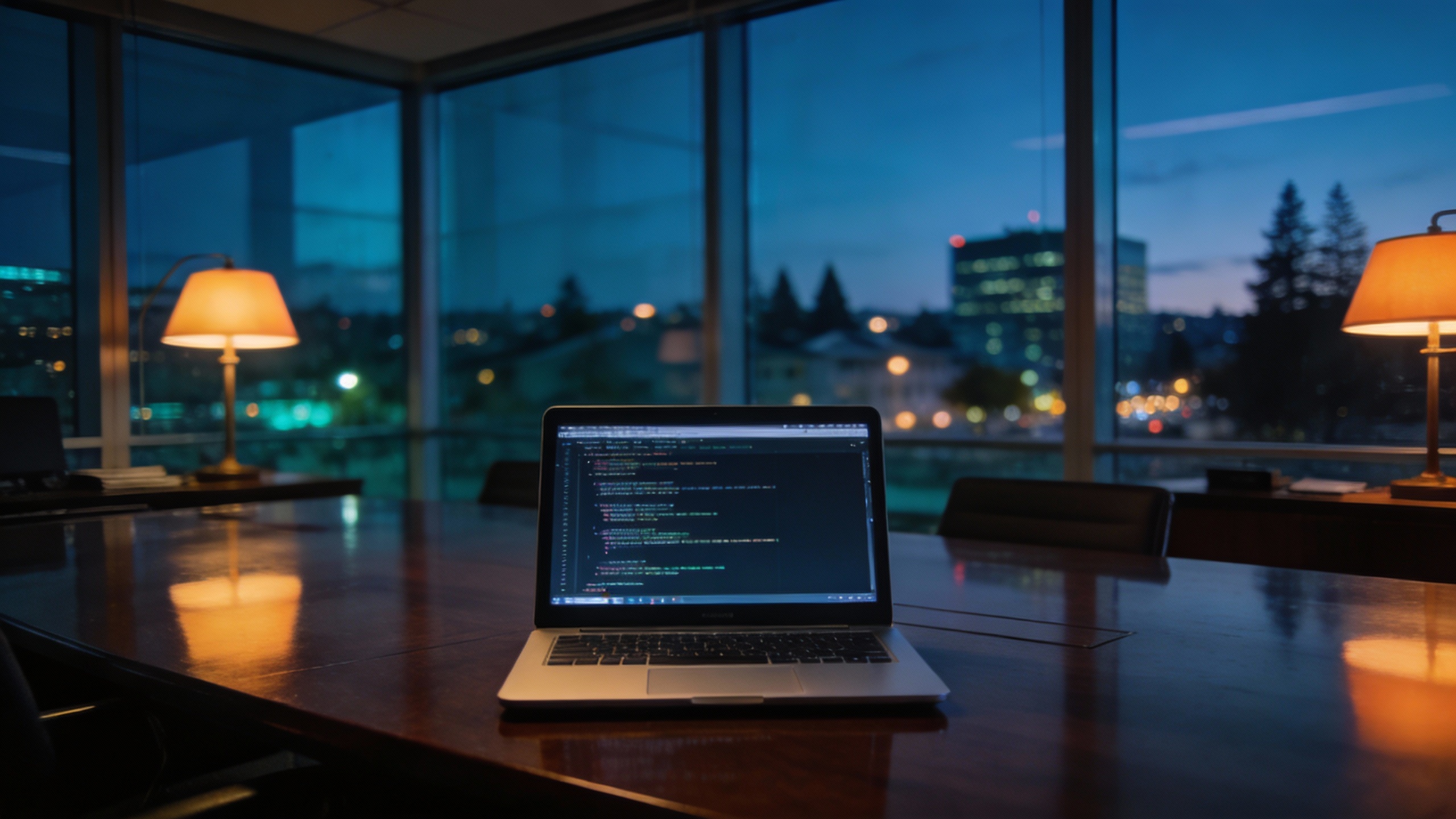 A laptop on a walnut desk in a high-rise office at twilight displaying code, symbolizing Meta's acquisition of Manus.
