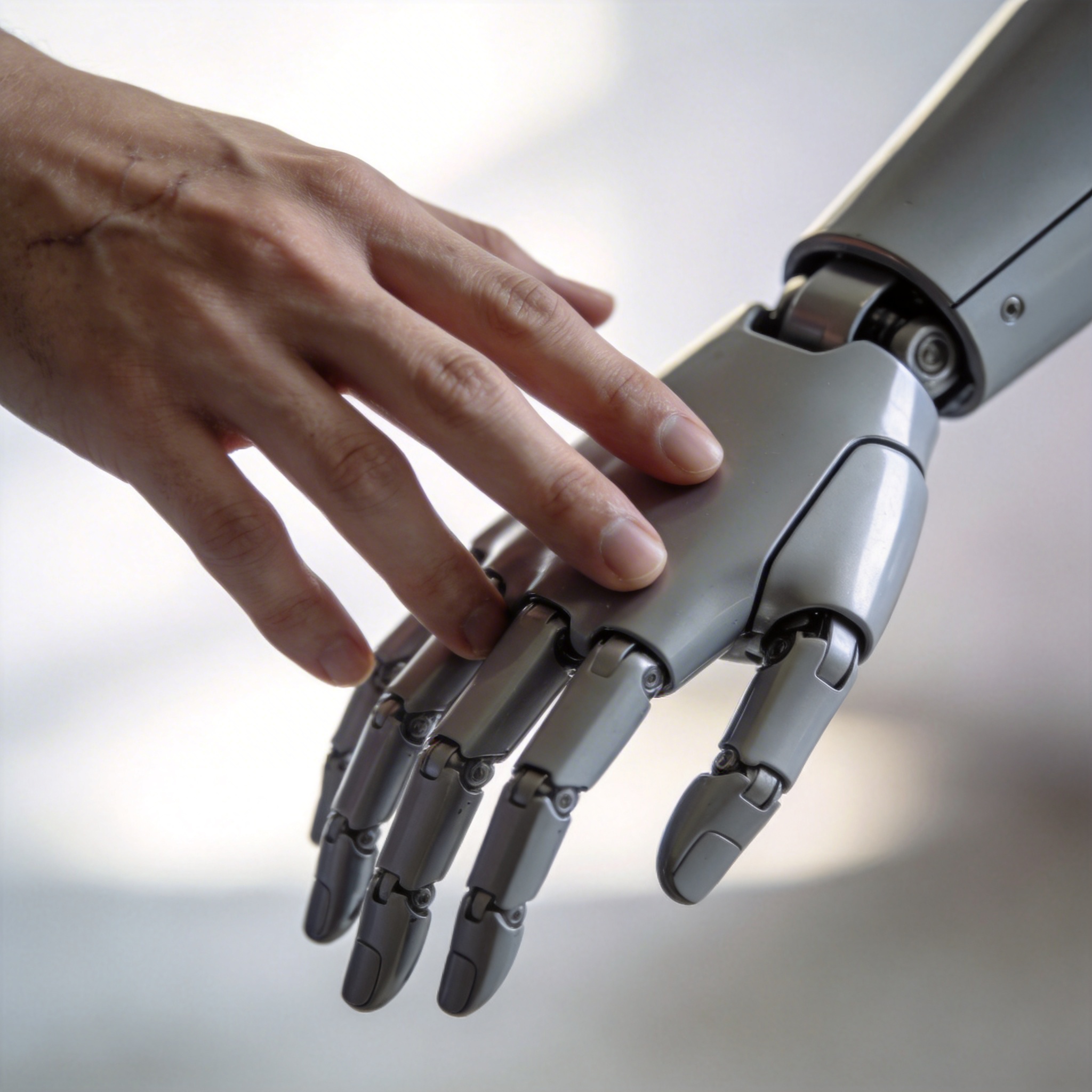 Human hand gently touching a robotic hand, illustrating human empathy towards machines.