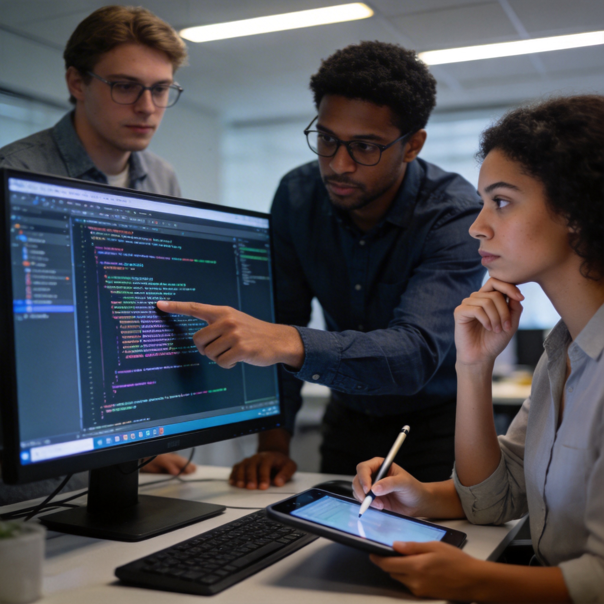 Software engineers collaborating around a monitor, discussing code and making decisions, illustrating human intervention in AI.
