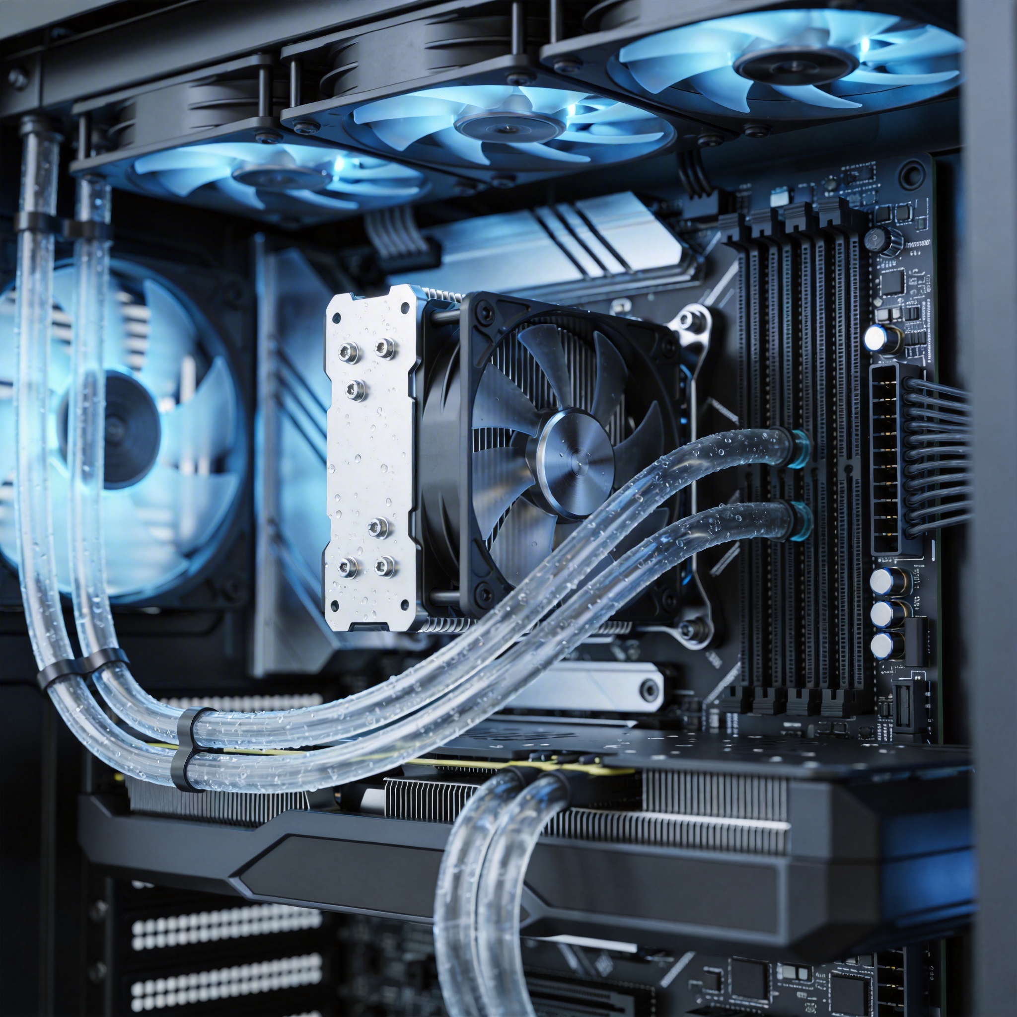 Server rack with visible liquid cooling plates and tubes, illustrating advanced power management.