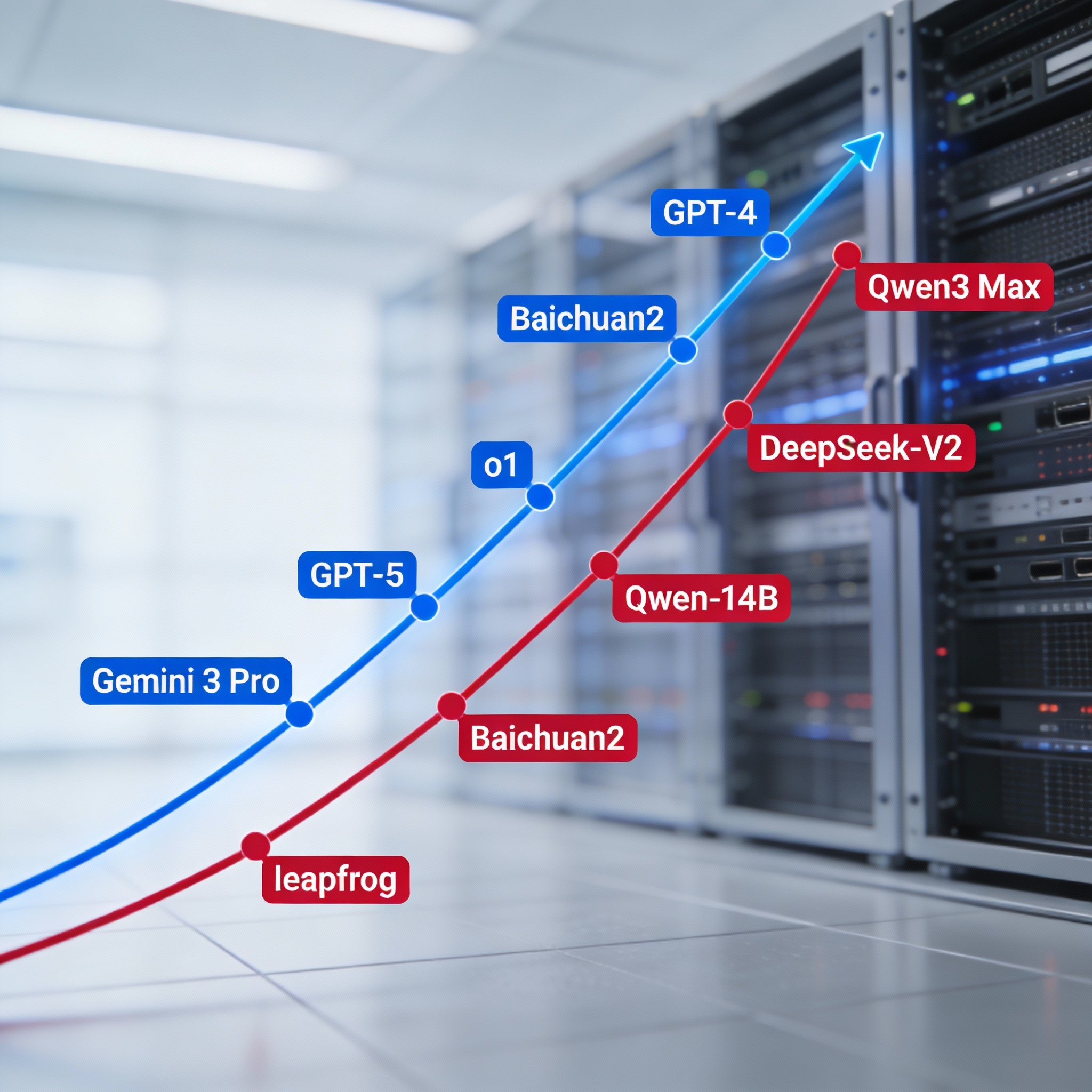 Infographic showing two AI development timelines: a continuous blue line for US models and a 'leapfrog' red line for Chinese models.