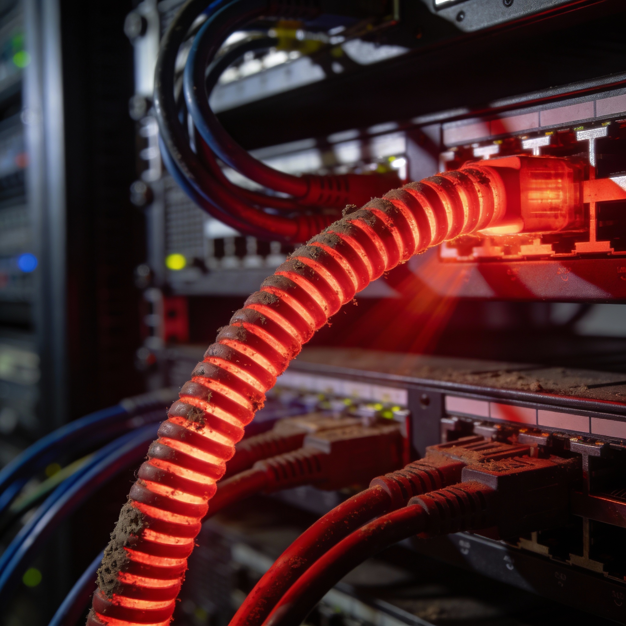 A glowing red power cable amidst server racks and fiber optics, symbolizing high computing power costs.