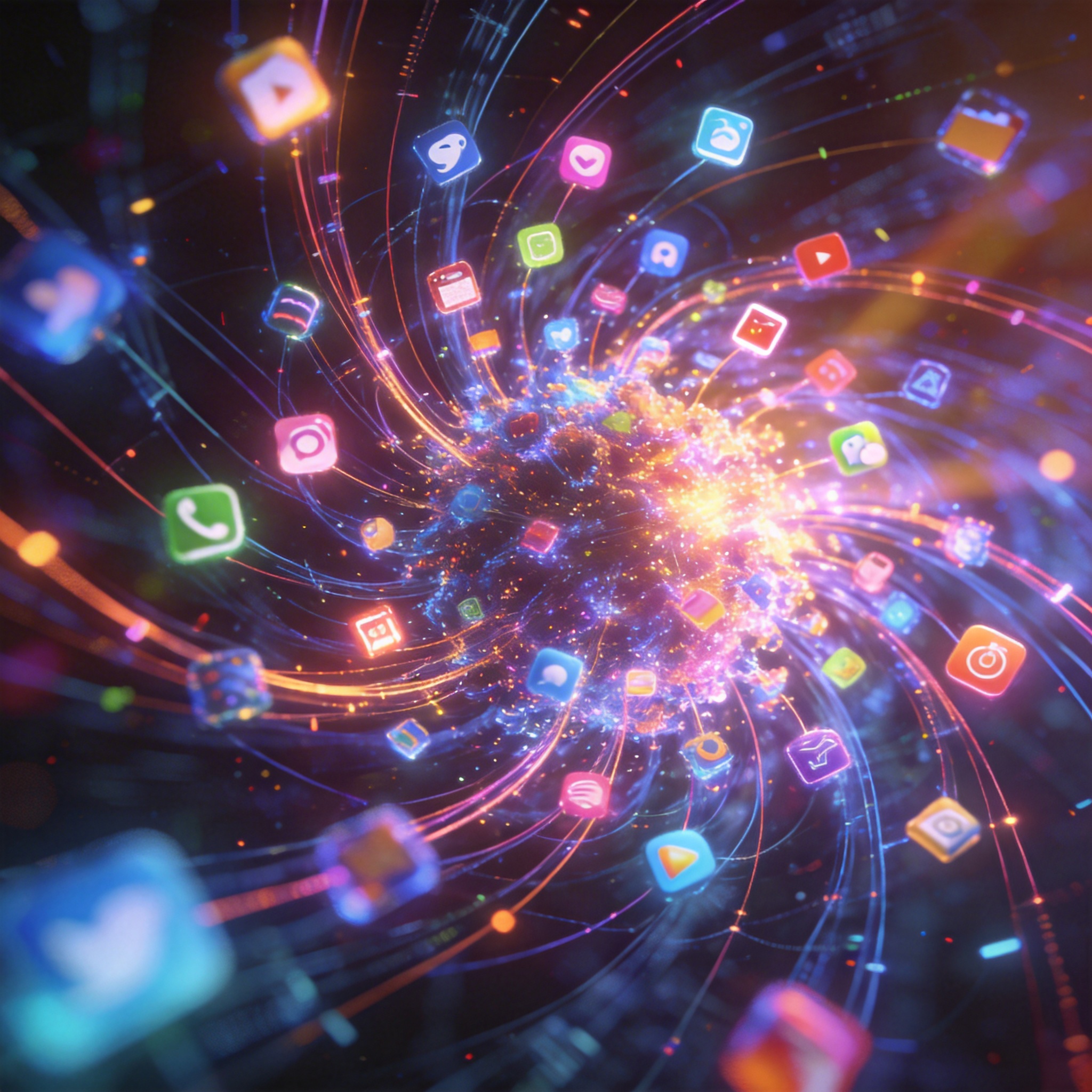 Abstract representation of a 'Cambrian Explosion' with glowing app icons emerging from a network of light.