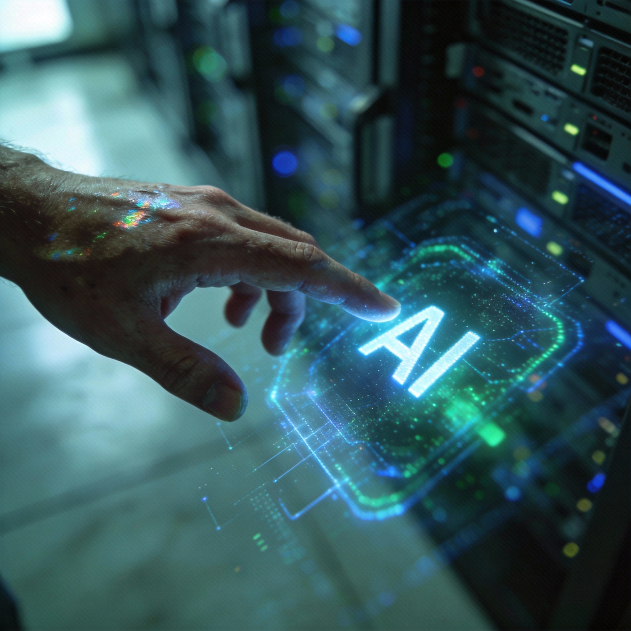 Human hand interacting with a glowing, abstract digital interface representing AI.