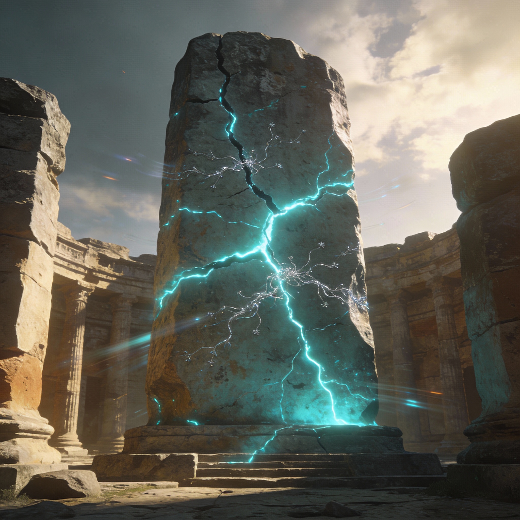 Ancient stone monument with subtle, glowing digital cracks, symbolizing gradual AI disruption of traditional industries.