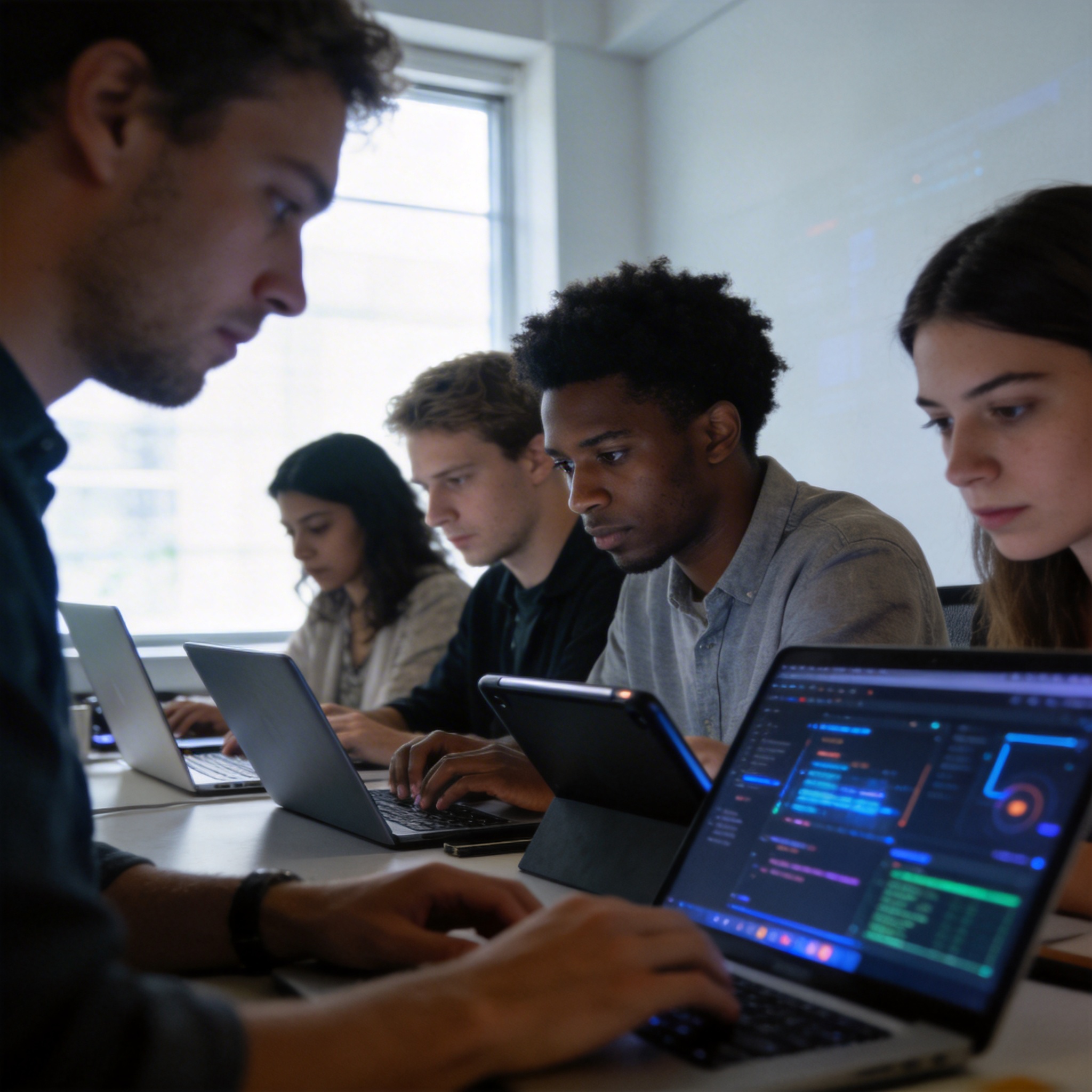 Self-media creators in a modern co-working space, looking overwhelmed by digital screens and AI tools.