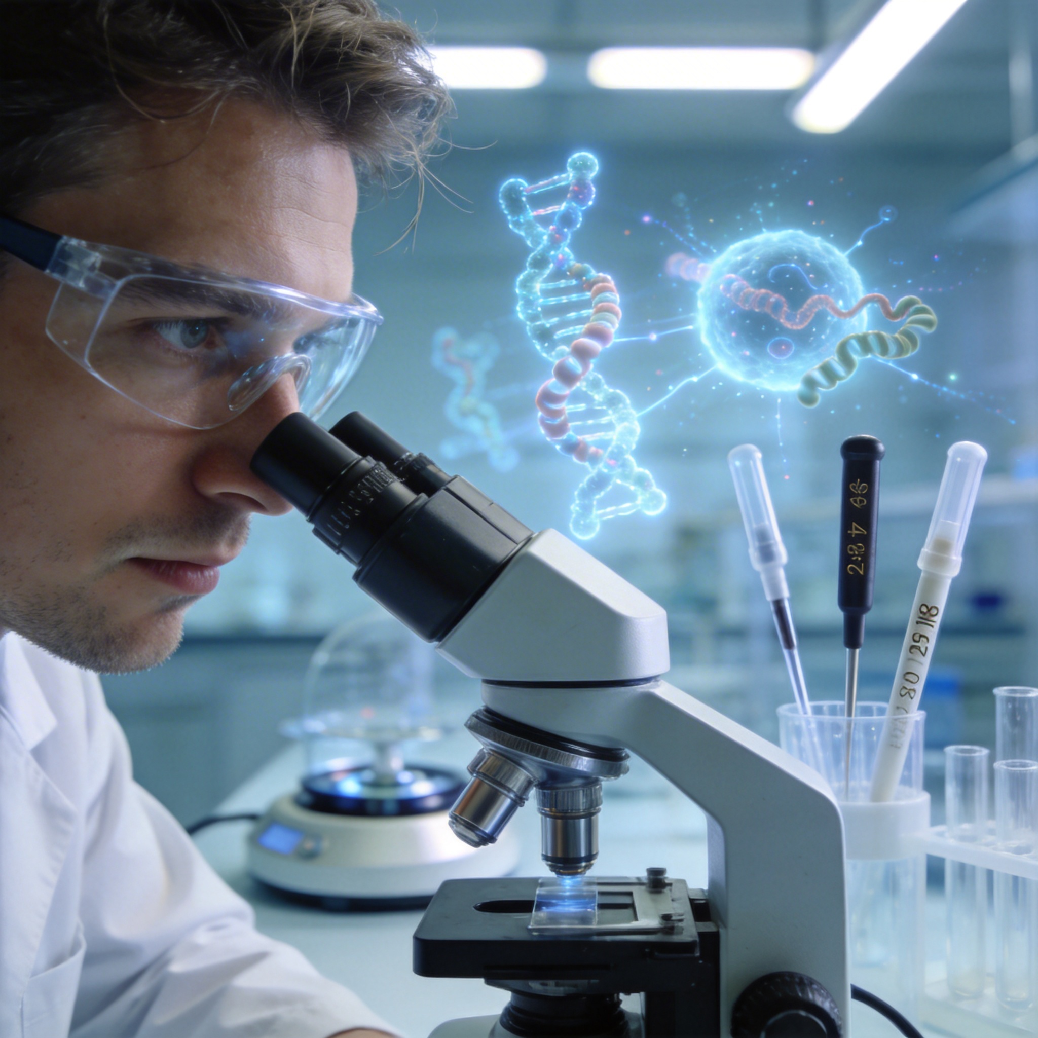 Scientist in a lab examining biological samples, with abstract protein structures in the background, symbolizing AI in biology.